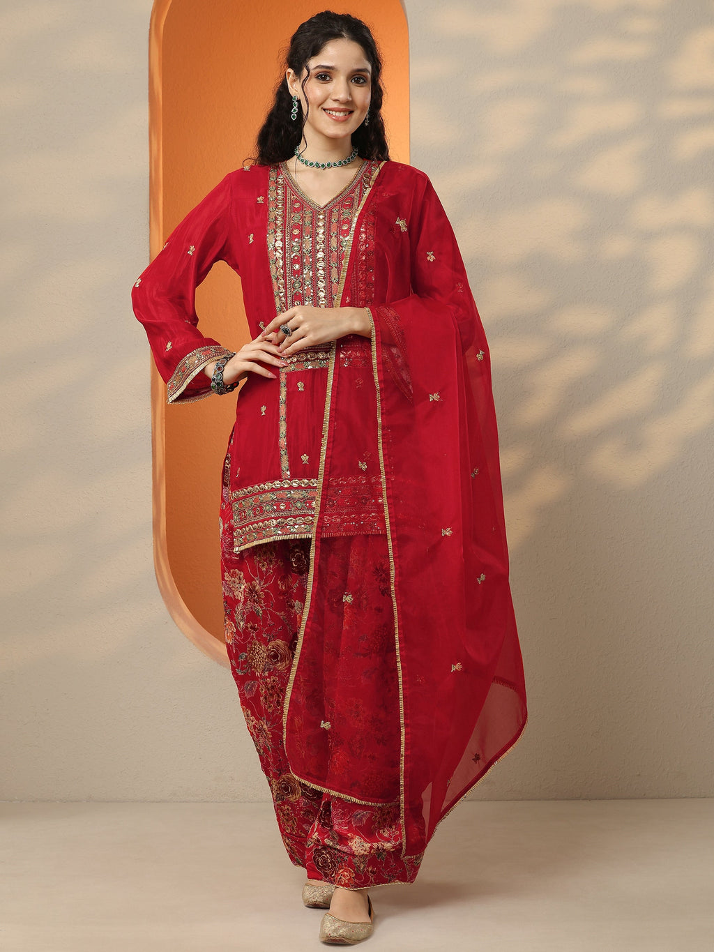 Libas Maroon Embroidered Chinon Straight Suit Set With Dupatta