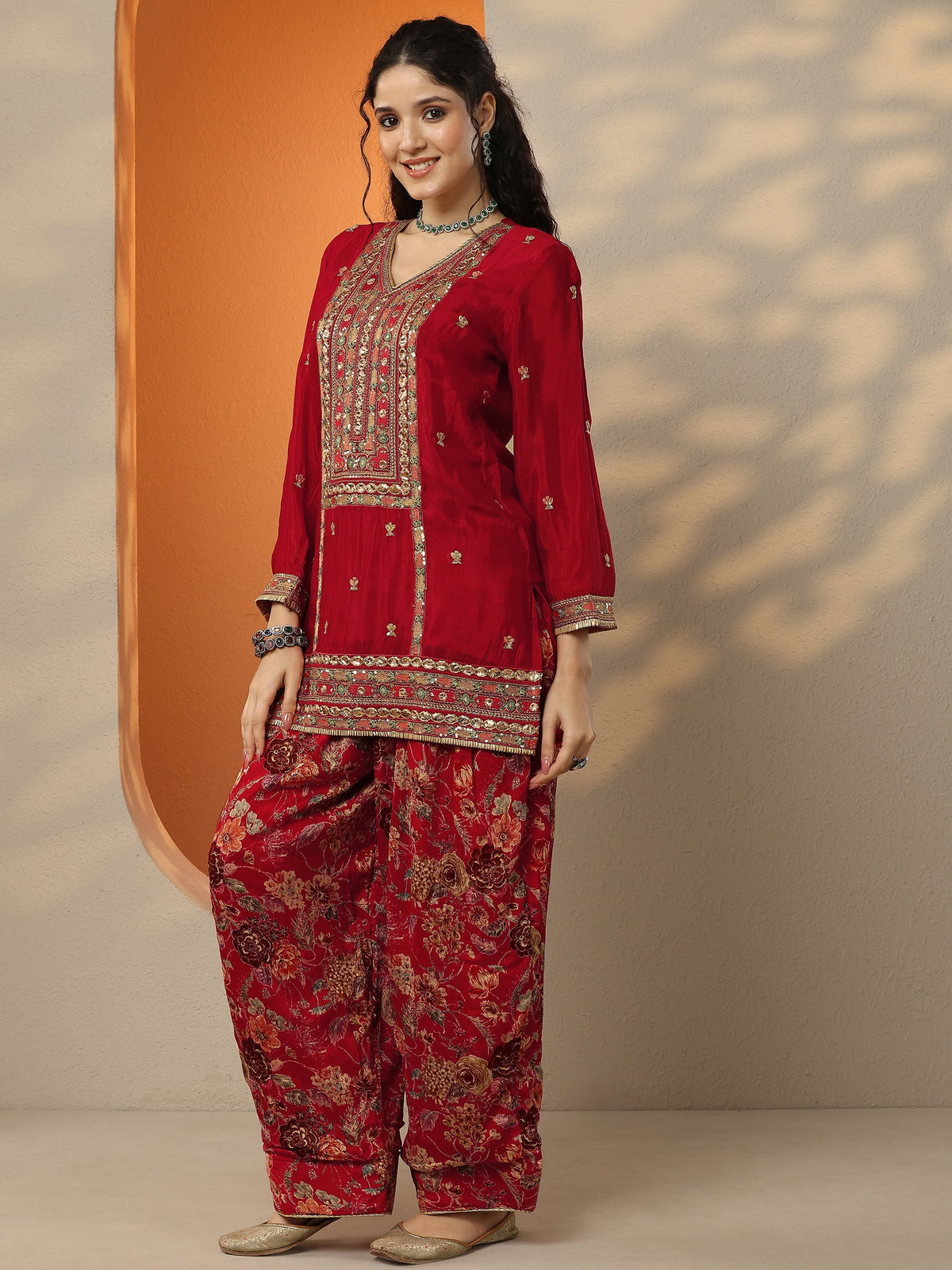Libas Maroon Embroidered Chinon Straight Suit Set With Dupatta
