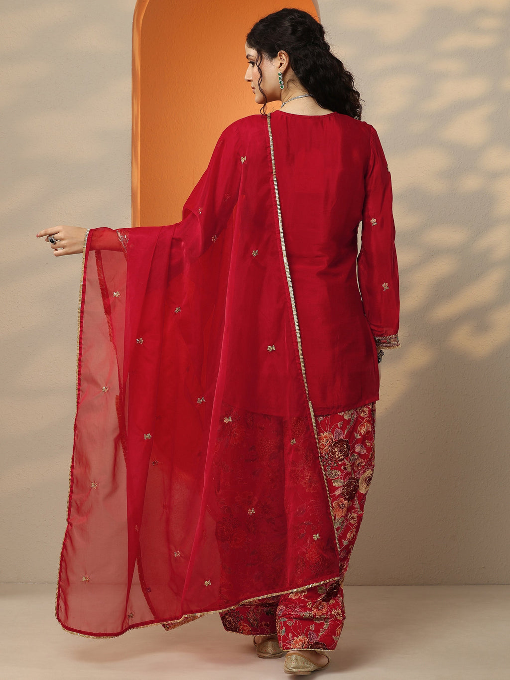 Libas Maroon Embroidered Chinon Straight Suit Set With Dupatta