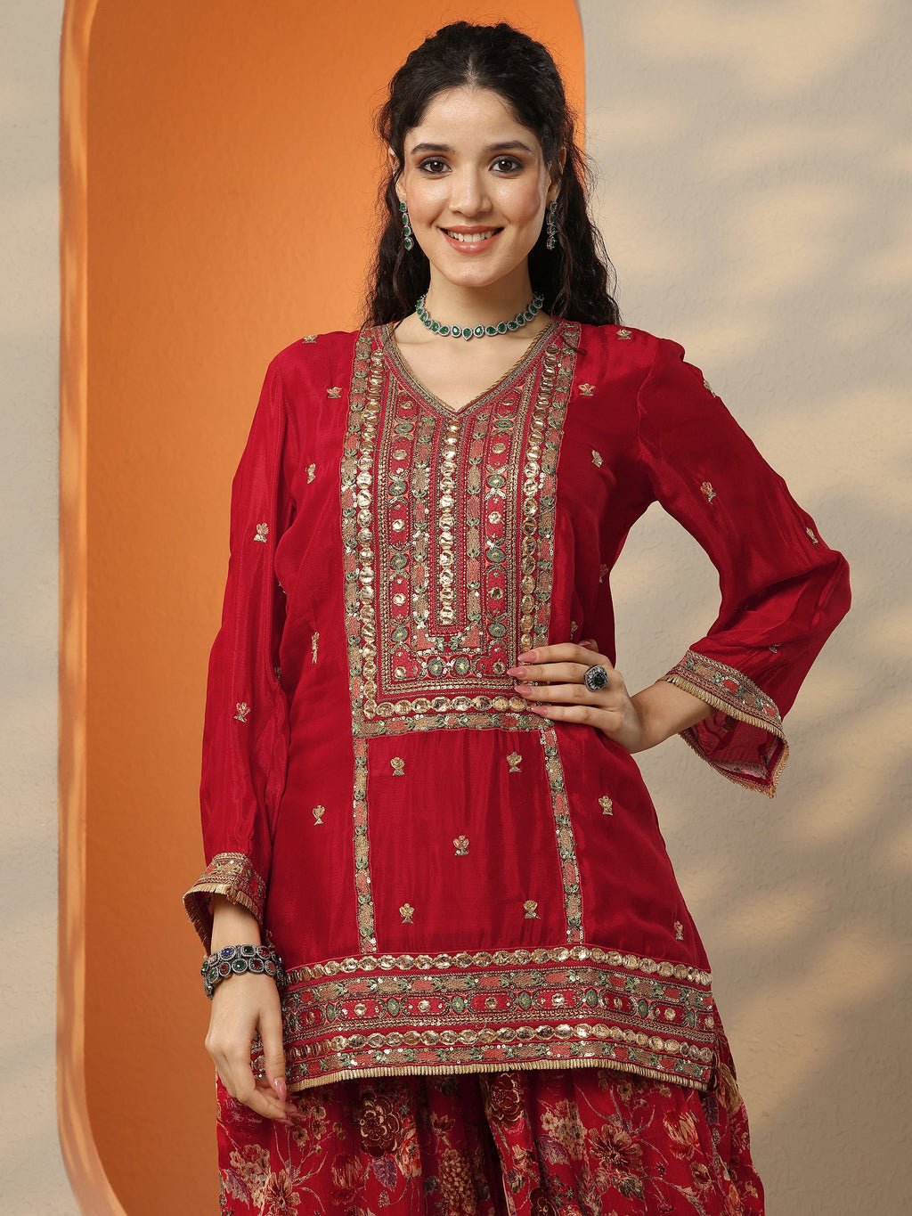 Libas Maroon Embroidered Chinon Straight Suit Set With Dupatta