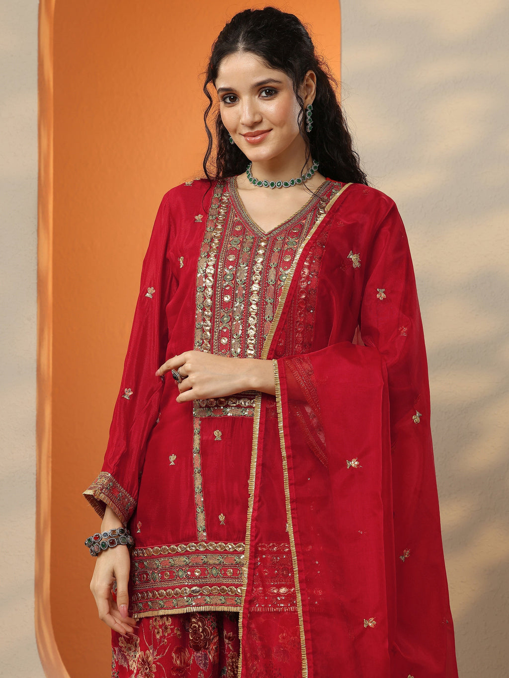Libas Maroon Embroidered Chinon Straight Suit Set With Dupatta
