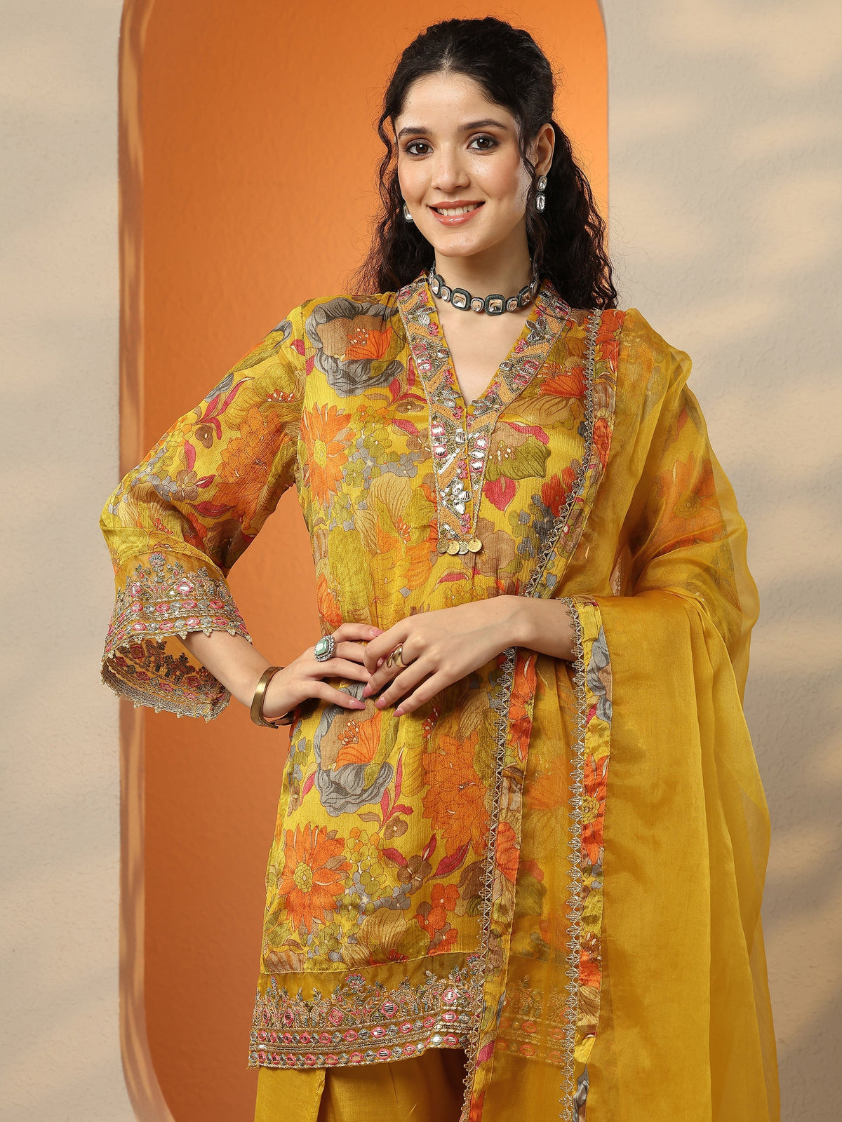 Libas Mustard Printed Chinon Straight Suit Set With Dupatta