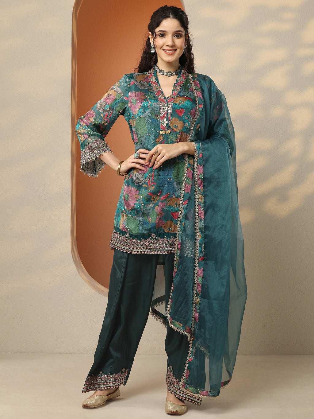 Libas Green Printed Chinon Straight Suit Set With Dupatta