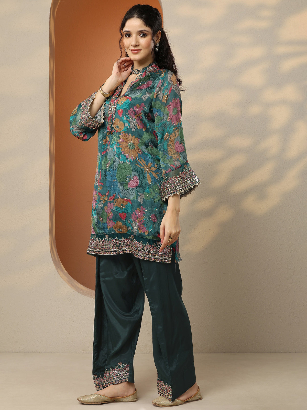 Libas Green Printed Chinon Straight Suit Set With Dupatta