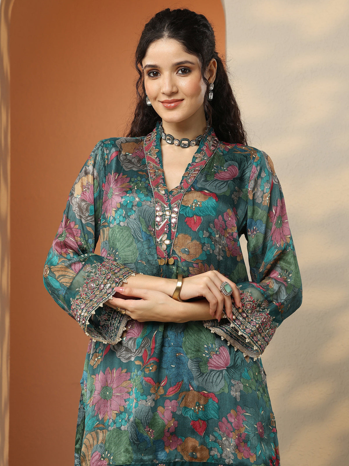 Libas Green Printed Chinon Straight Suit Set With Dupatta