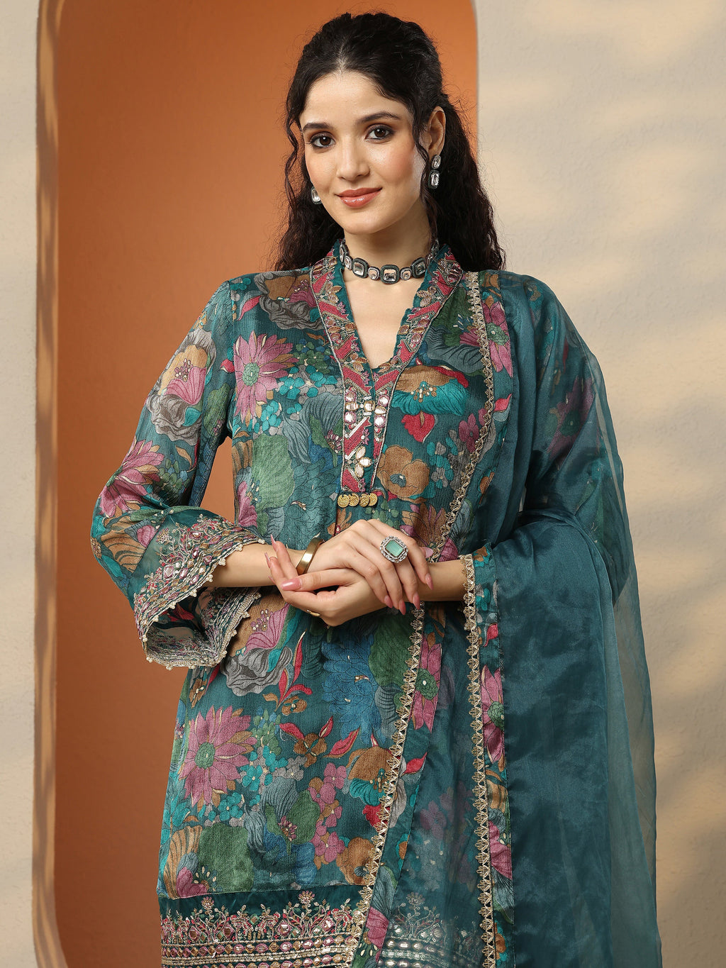 Libas Green Printed Chinon Straight Suit Set With Dupatta