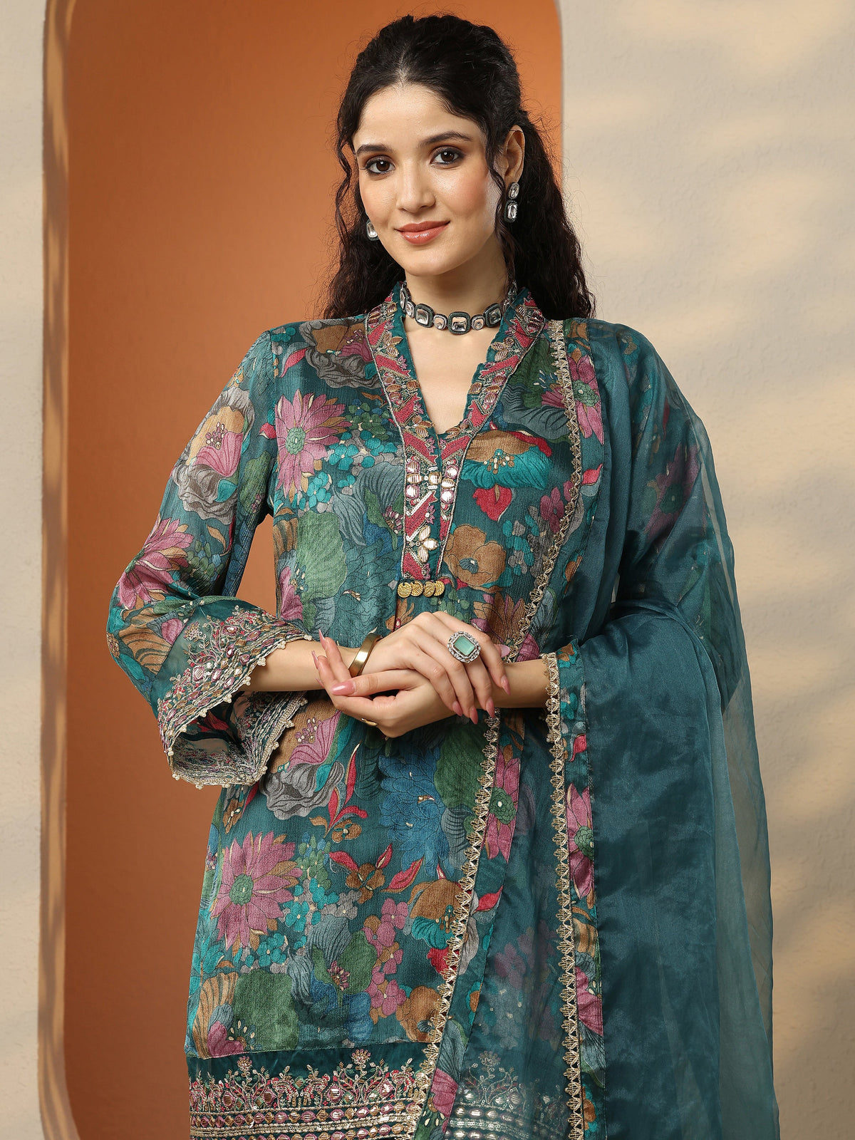Libas Green Printed Chinon Straight Suit Set With Dupatta