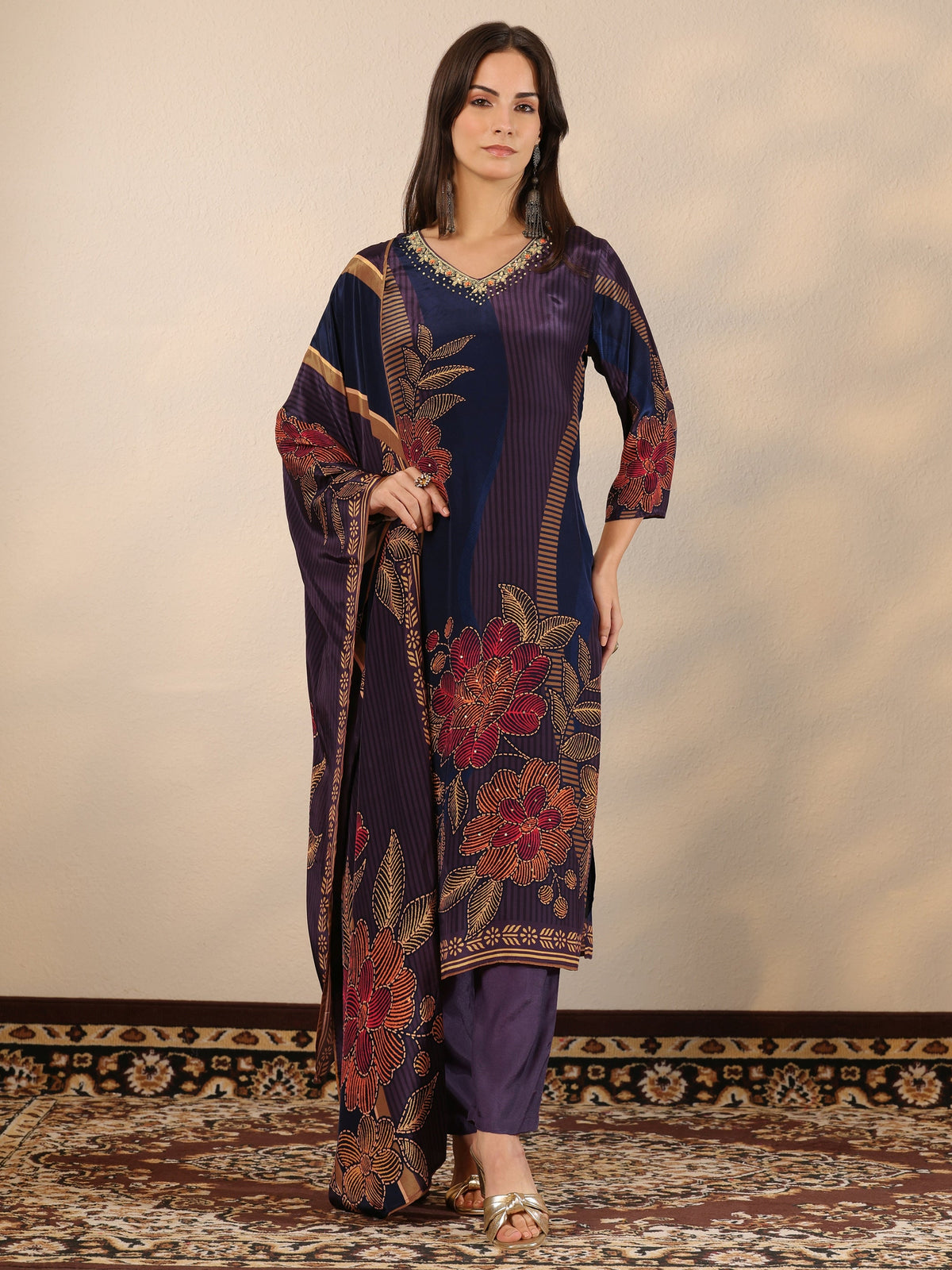 Libas Blue Printed Crepe Straight Suit Set With Dupatta