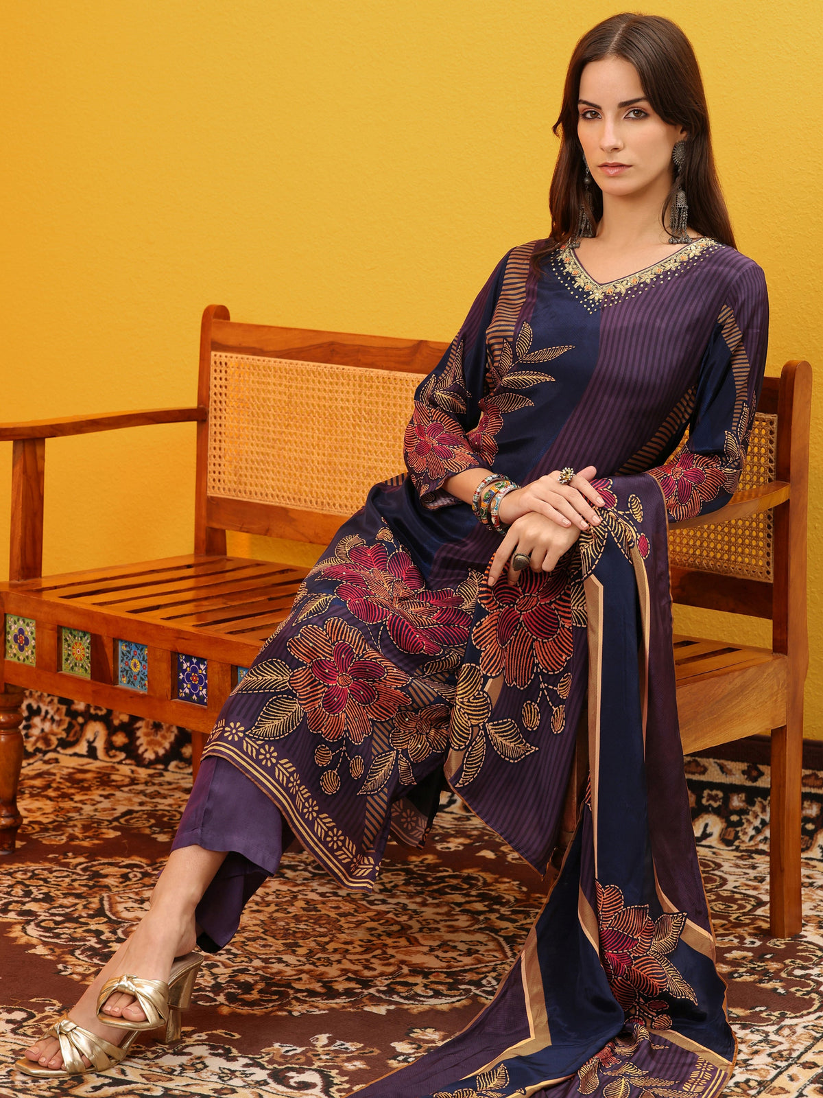 Libas Blue Printed Crepe Straight Suit Set With Dupatta