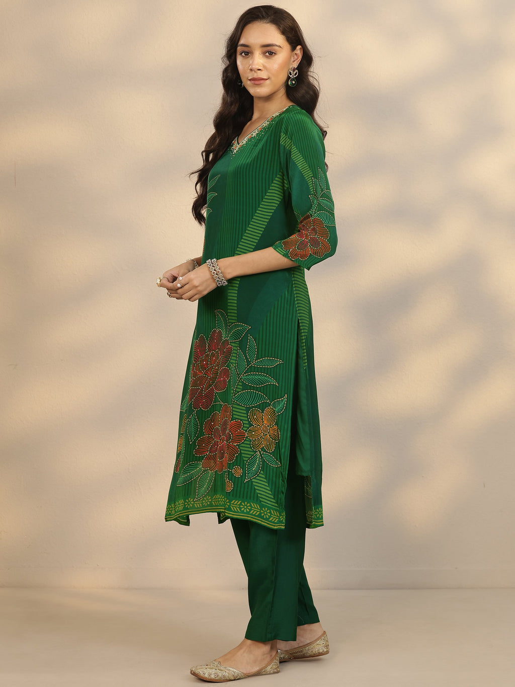 Libas Green Printed Crepe Straight Suit Set With Dupatta