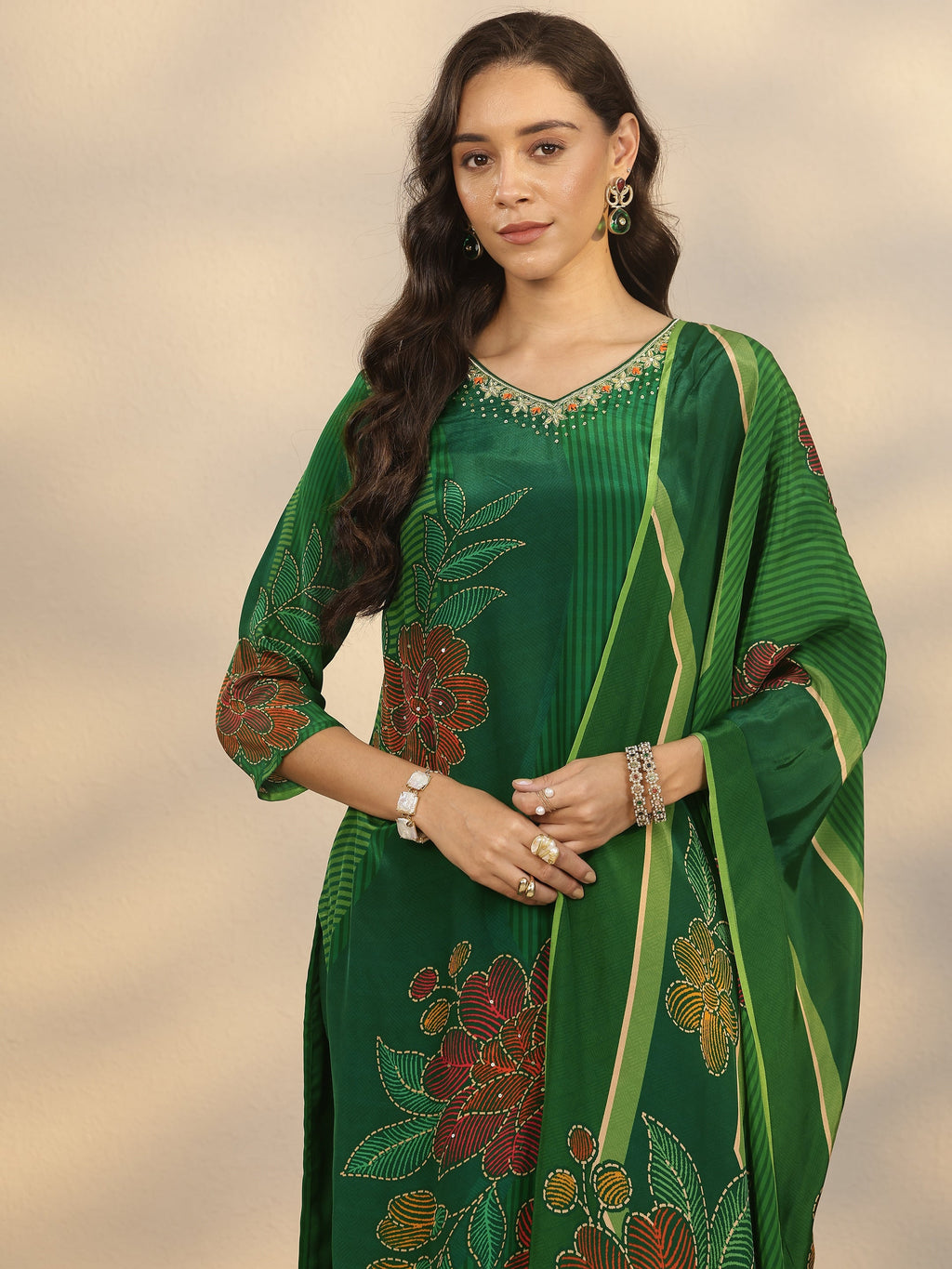 Libas Green Printed Crepe Straight Suit Set With Dupatta
