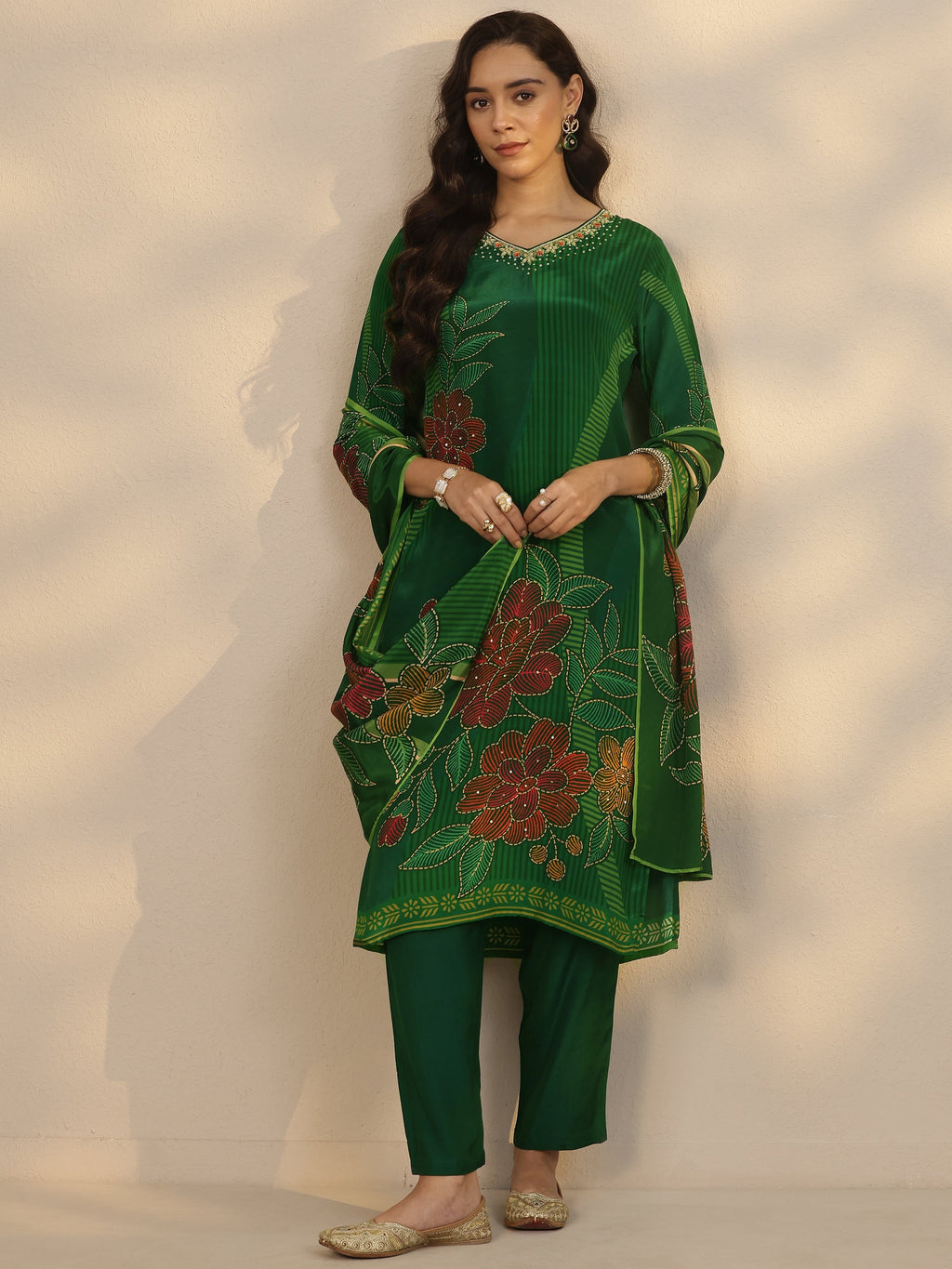 Libas Green Printed Crepe Straight Suit Set With Dupatta