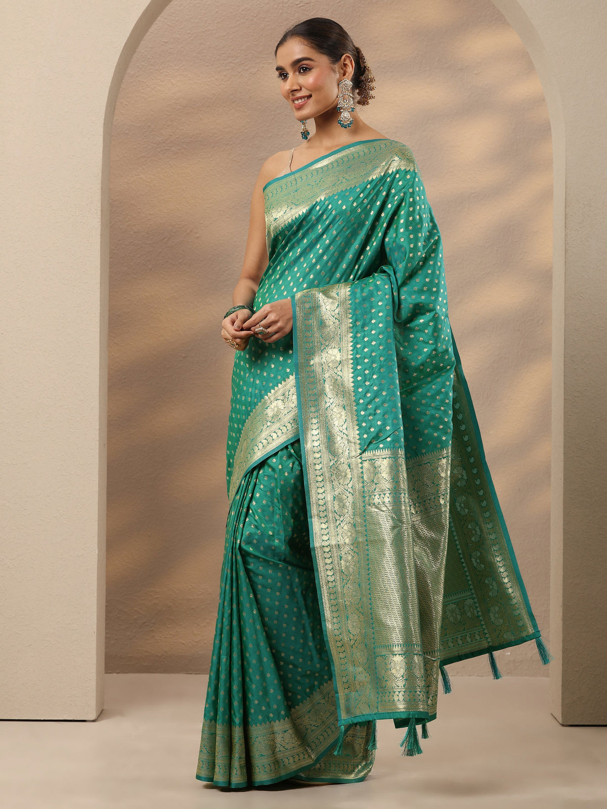 Libas Blue Woven Design Silk Blend Saree With Unstitched Blouse Piece