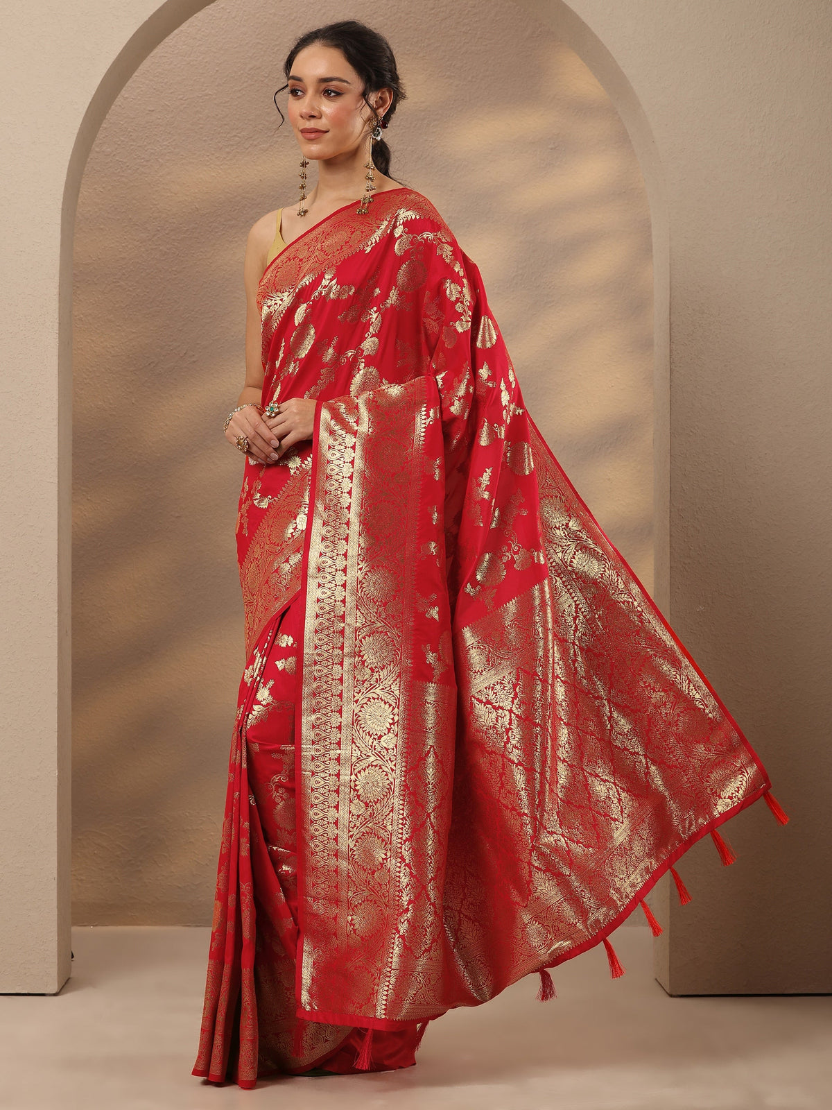 Libas Red Woven Design Silk Blend Saree With Unstitched Blouse Piece