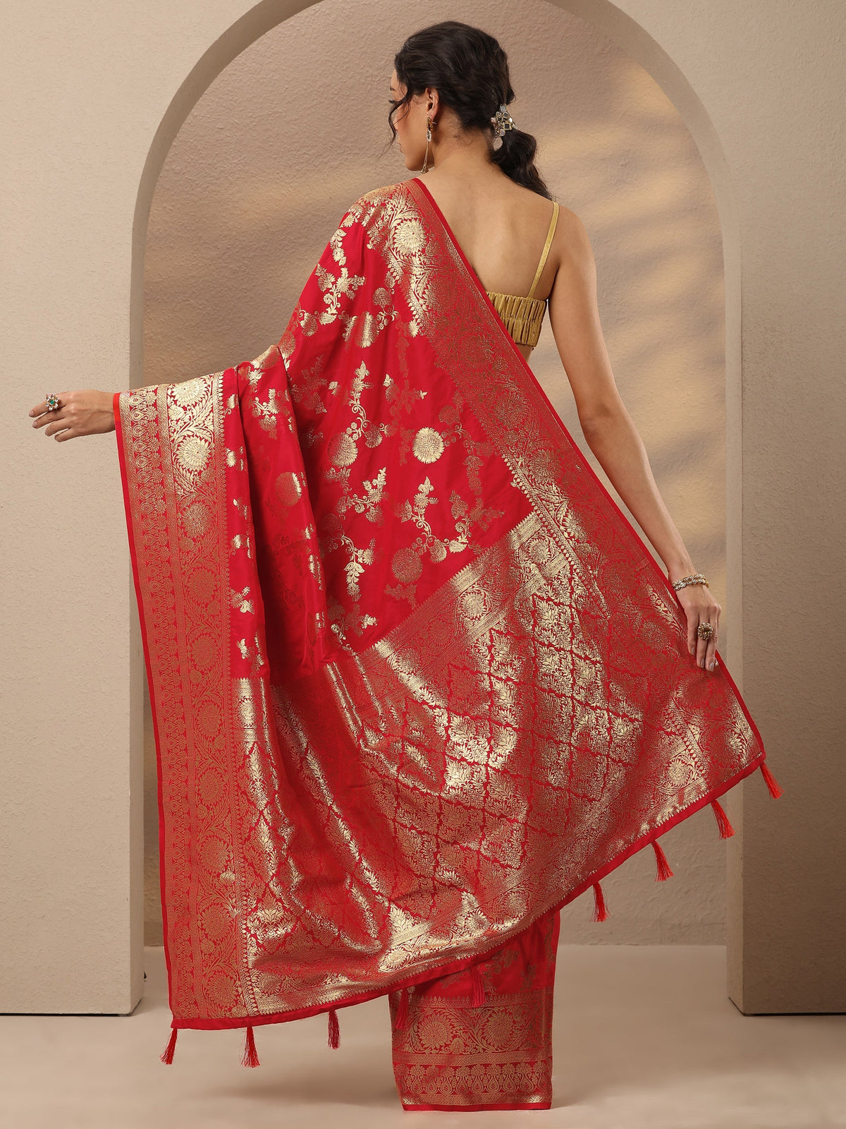 Libas Red Woven Design Silk Blend Saree With Unstitched Blouse Piece