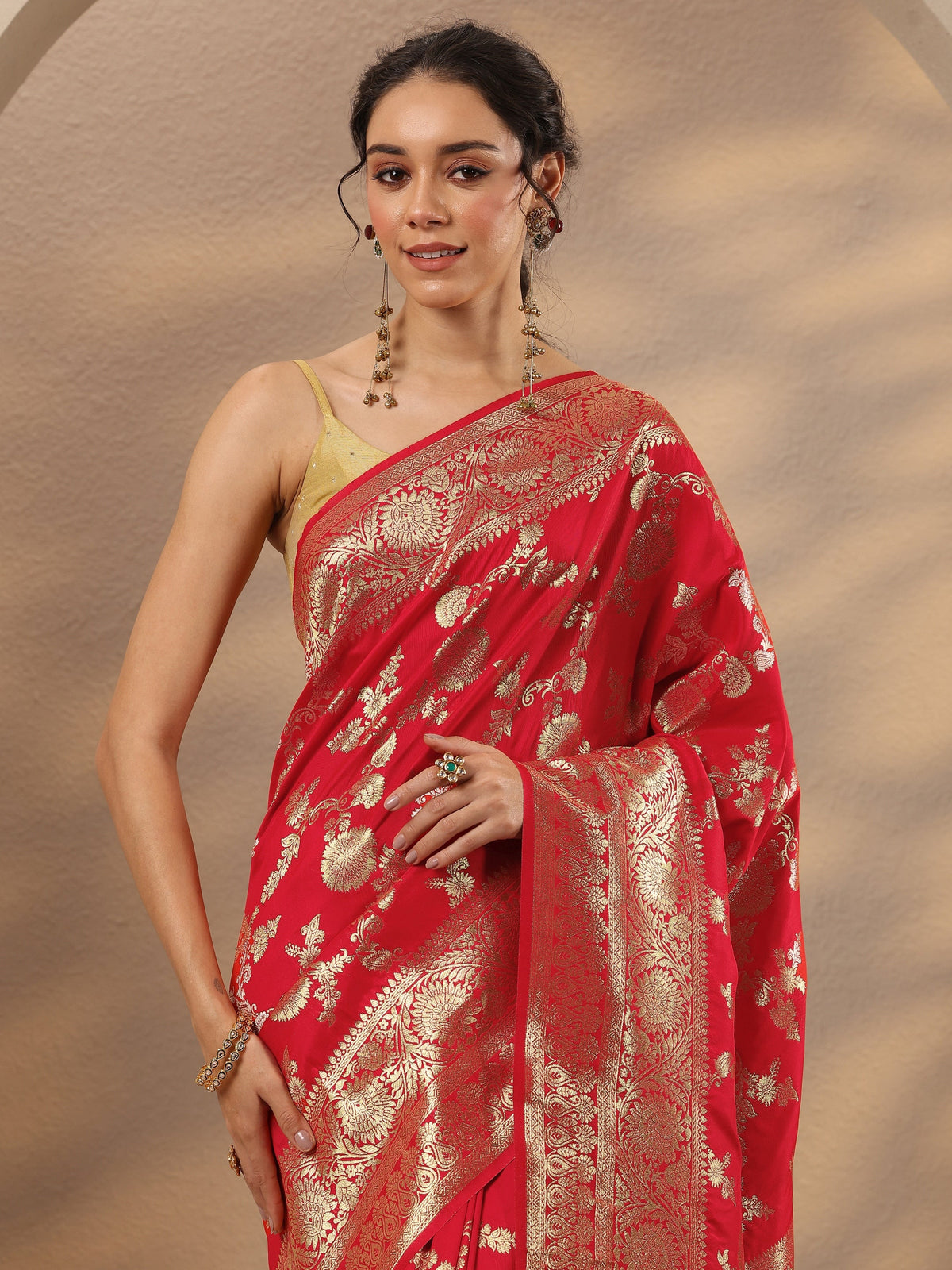 Libas Red Woven Design Silk Blend Saree With Unstitched Blouse Piece