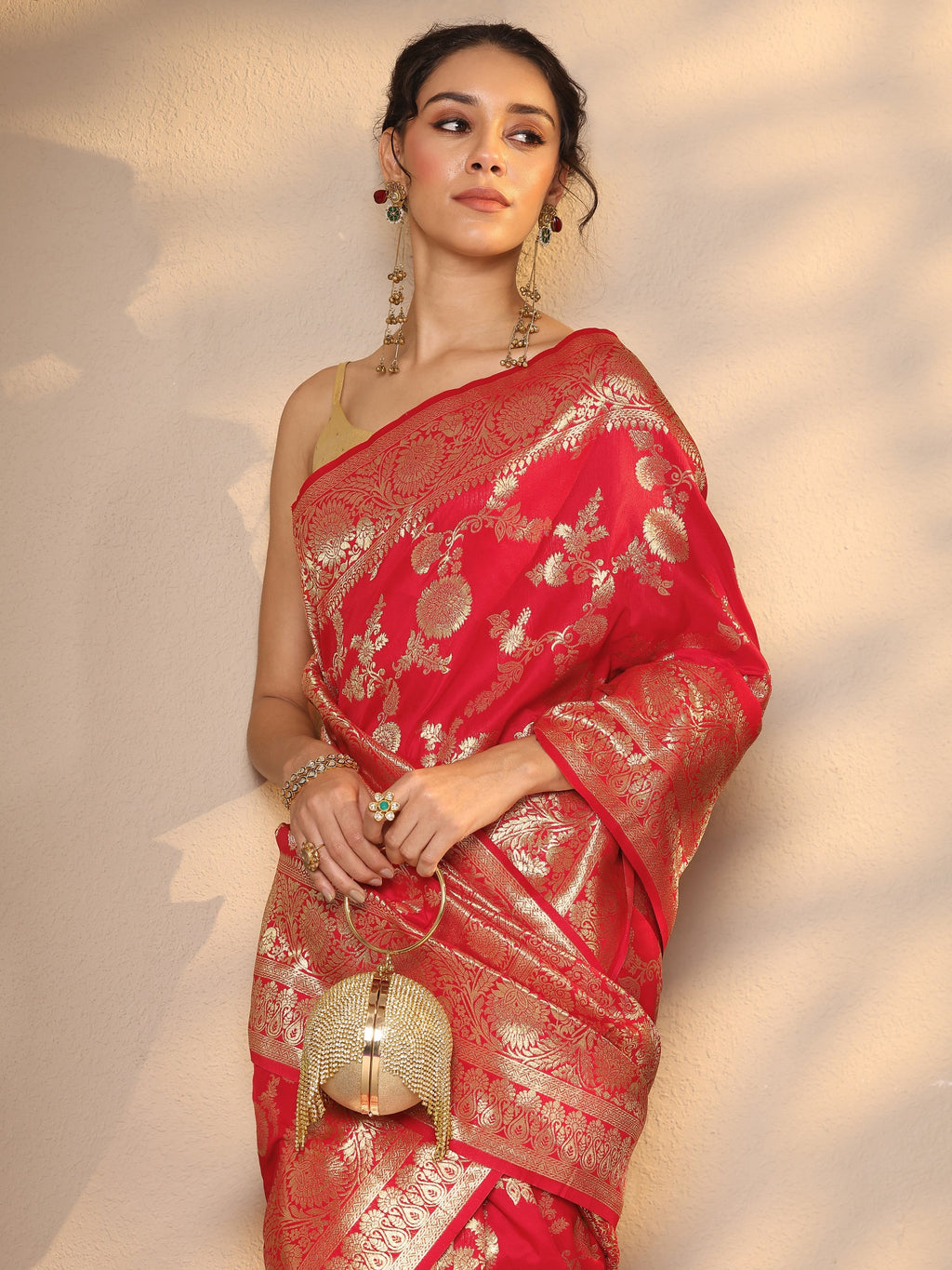 Libas Red Woven Design Silk Blend Saree With Unstitched Blouse Piece