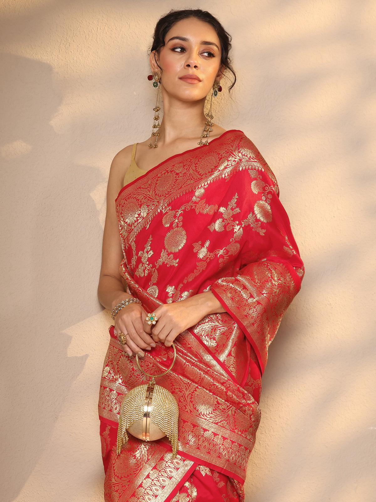 Libas Red Woven Design Silk Blend Saree With Unstitched Blouse Piece