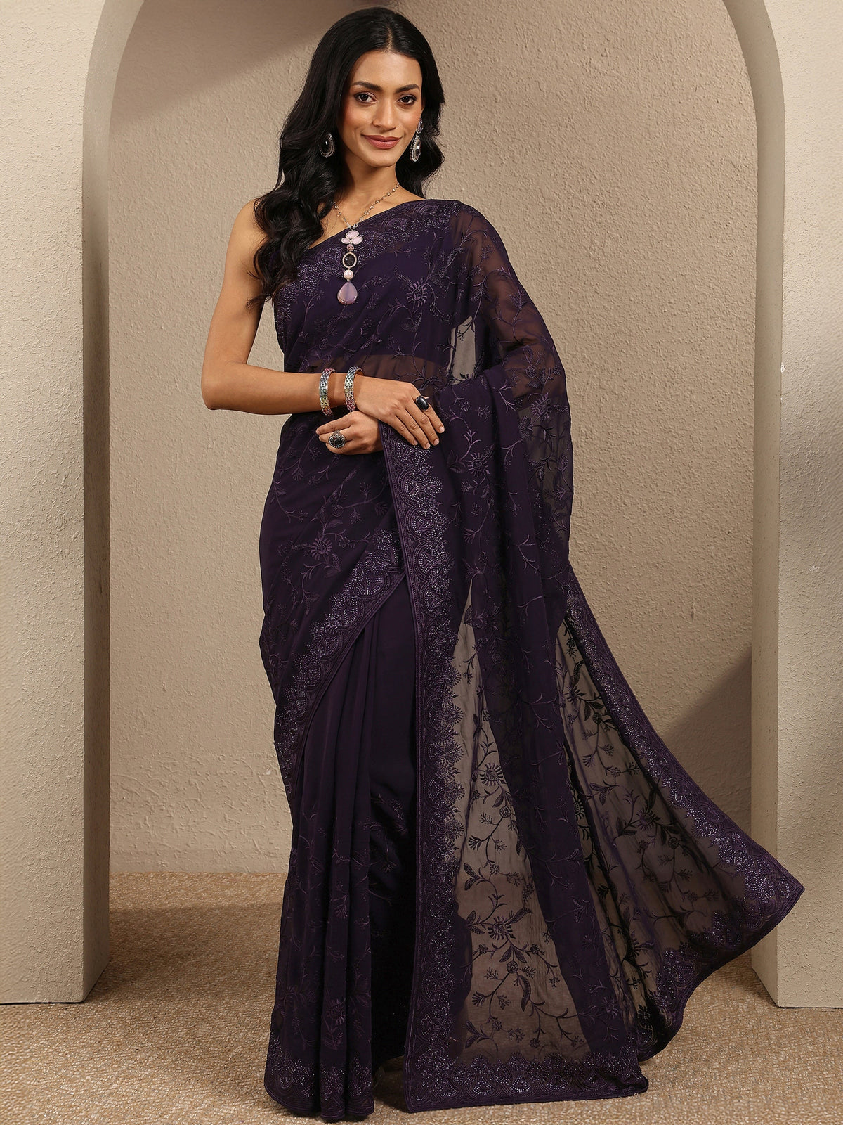 Libas Purple Embroidered Georgette Saree With Unstitched Blouse Piece