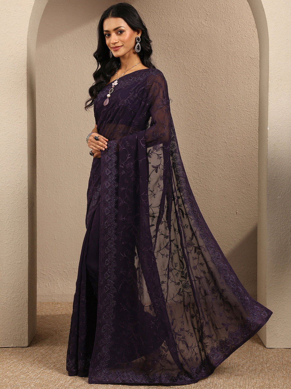 Libas Purple Embroidered Georgette Saree With Unstitched Blouse Piece