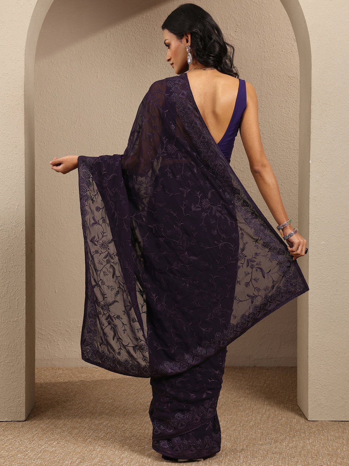 Libas Purple Embroidered Georgette Saree With Unstitched Blouse Piece