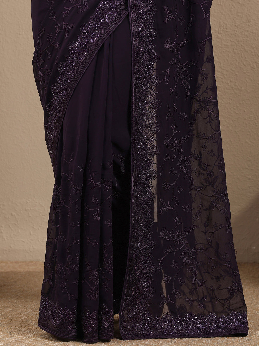 Libas Purple Embroidered Georgette Saree With Unstitched Blouse Piece