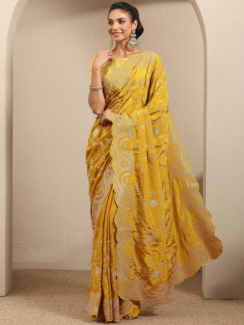 Libas Mustard Embroidered Silk Blend Saree With Unstitched Blouse Piece