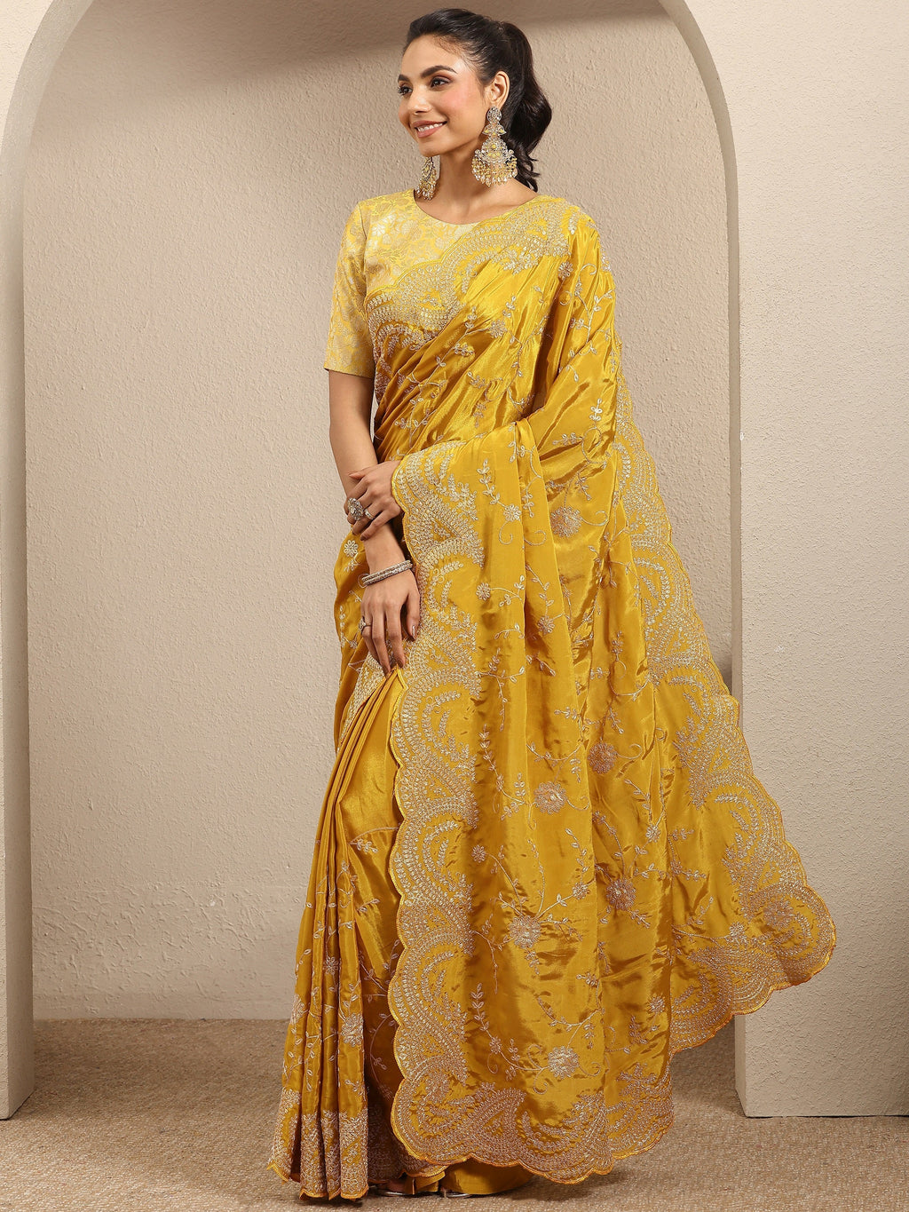 Libas Mustard Embroidered Silk Blend Saree With Unstitched Blouse Piece