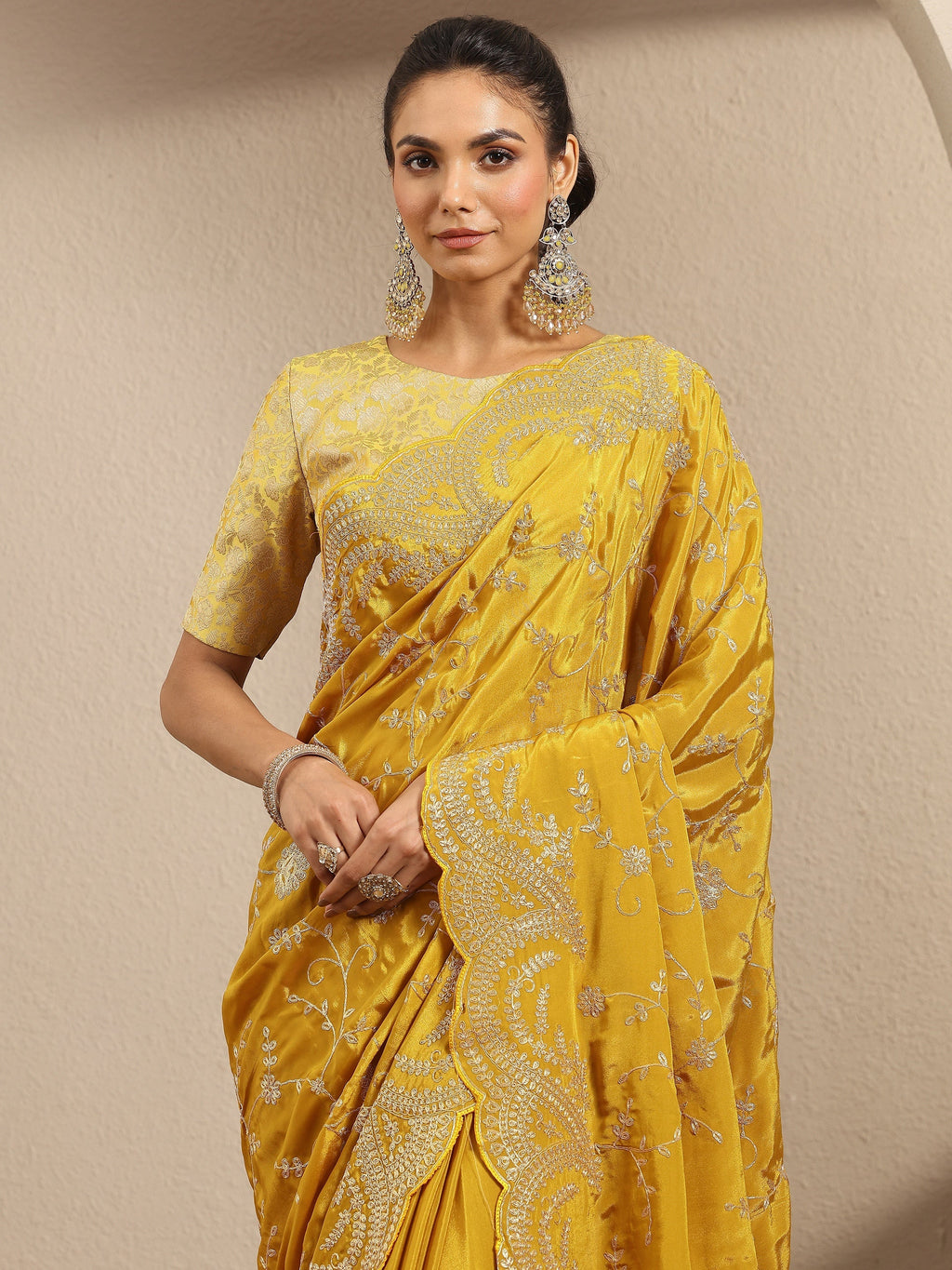 Libas Mustard Embroidered Silk Blend Saree With Unstitched Blouse Piece