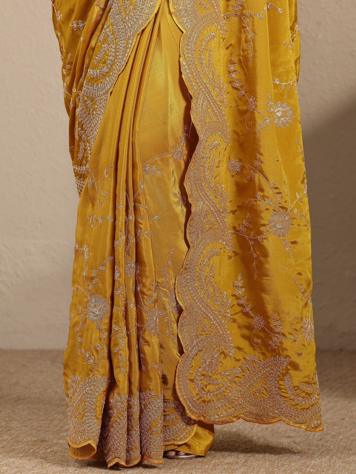 Libas Mustard Embroidered Silk Blend Saree With Unstitched Blouse Piece