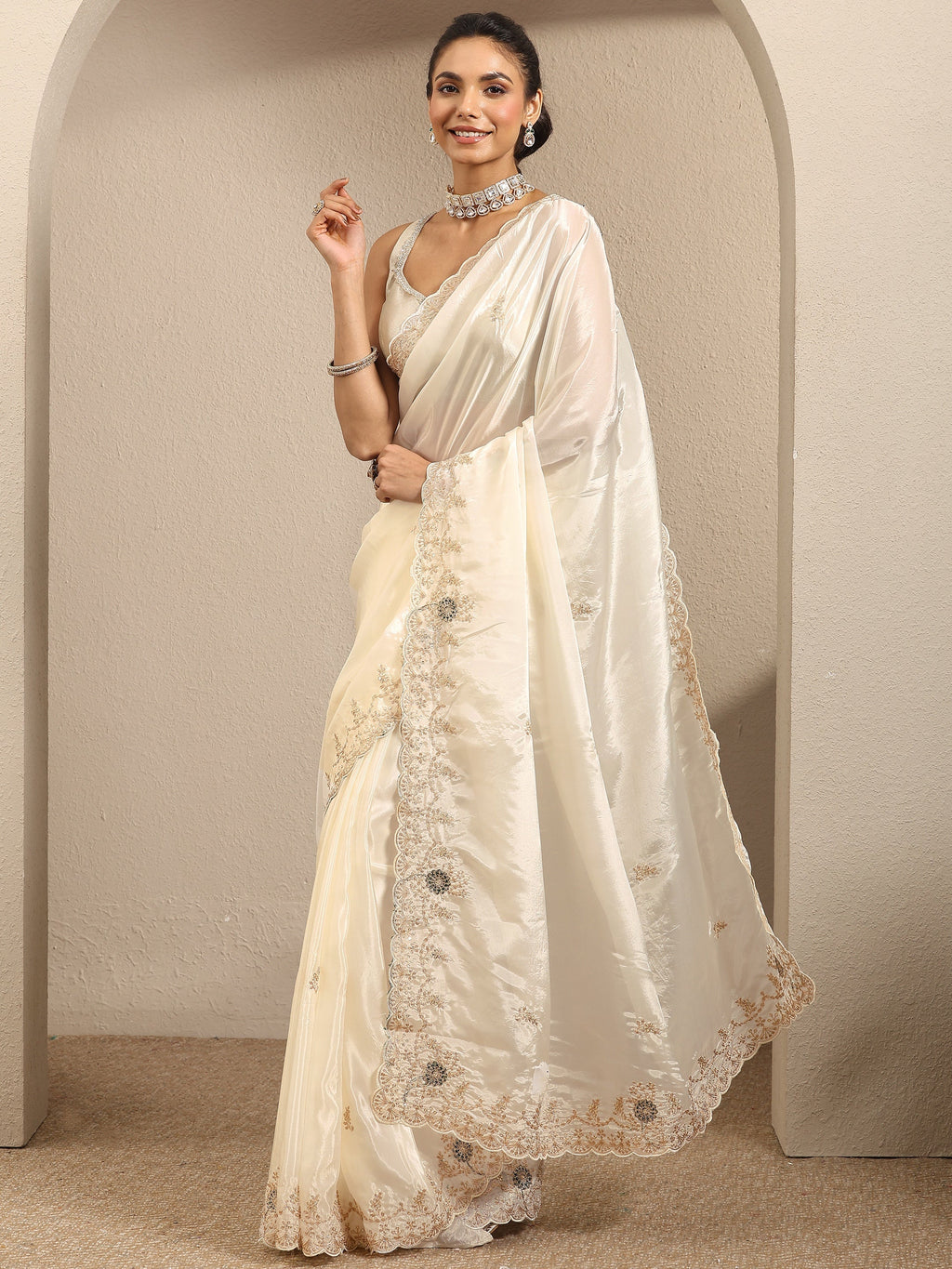 Libas Cream Embroidered Silk Blend Saree With Unstitched Blouse Piece