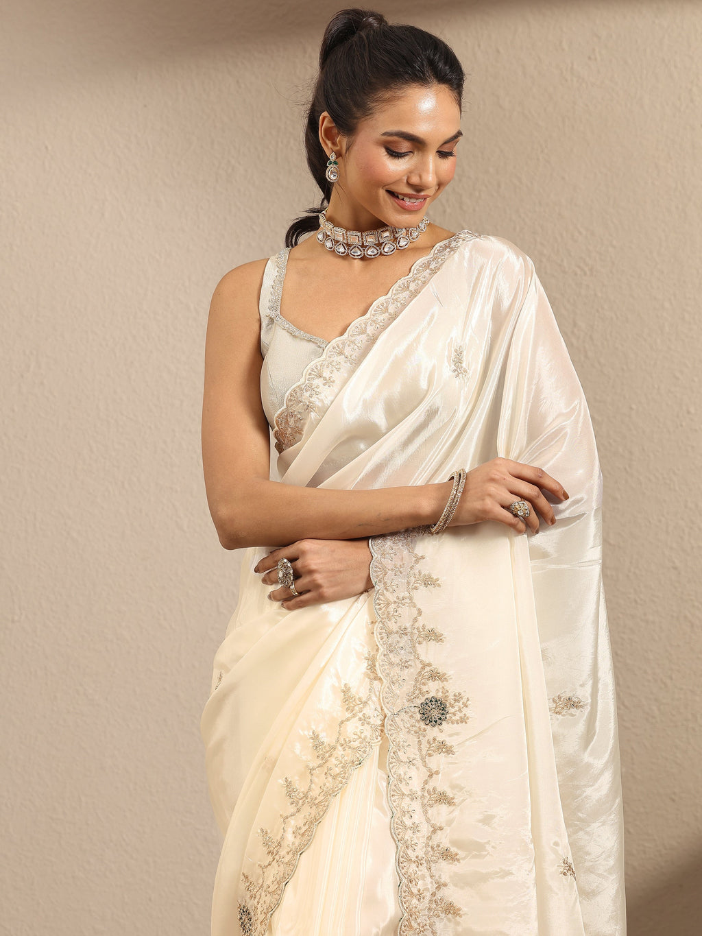 Libas Cream Embroidered Silk Blend Saree With Unstitched Blouse Piece