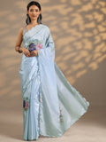 Libas Blue Printed Silk Blend Saree With Unstitched Blouse Piece