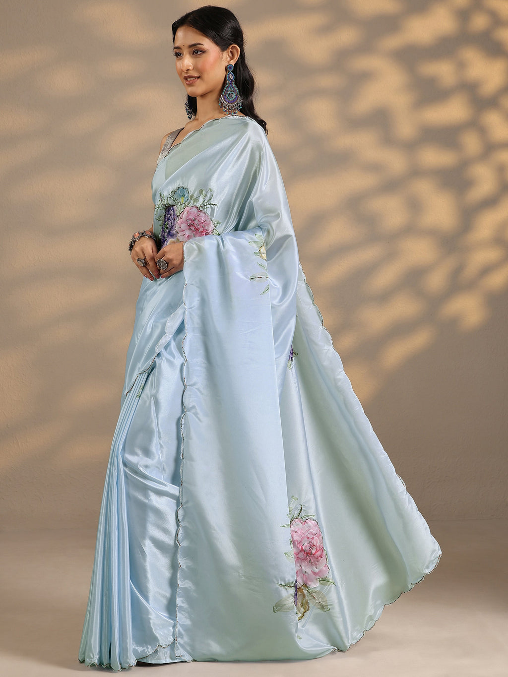 Libas Blue Printed Silk Blend Saree With Unstitched Blouse Piece