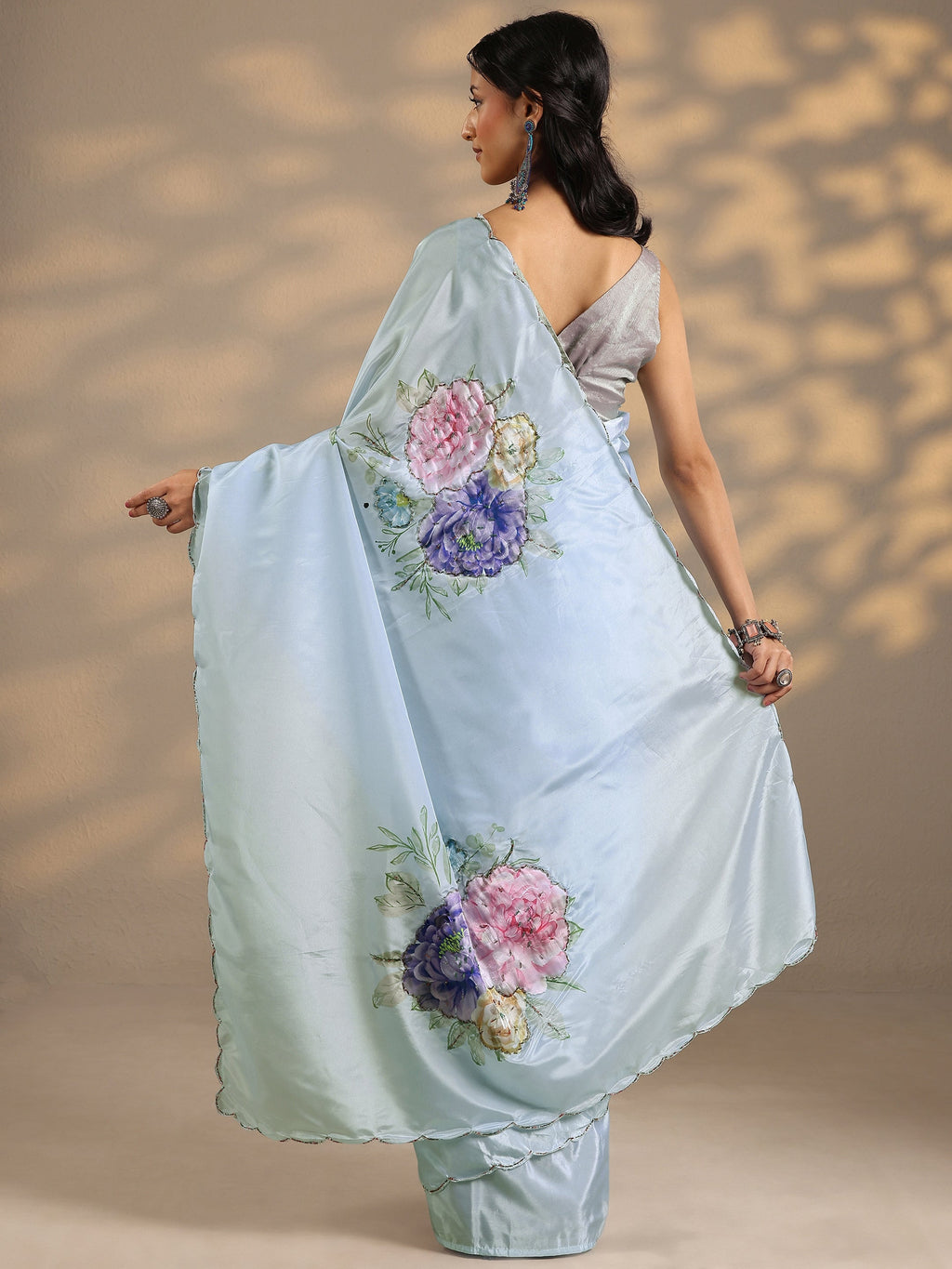 Libas Blue Printed Silk Blend Saree With Unstitched Blouse Piece