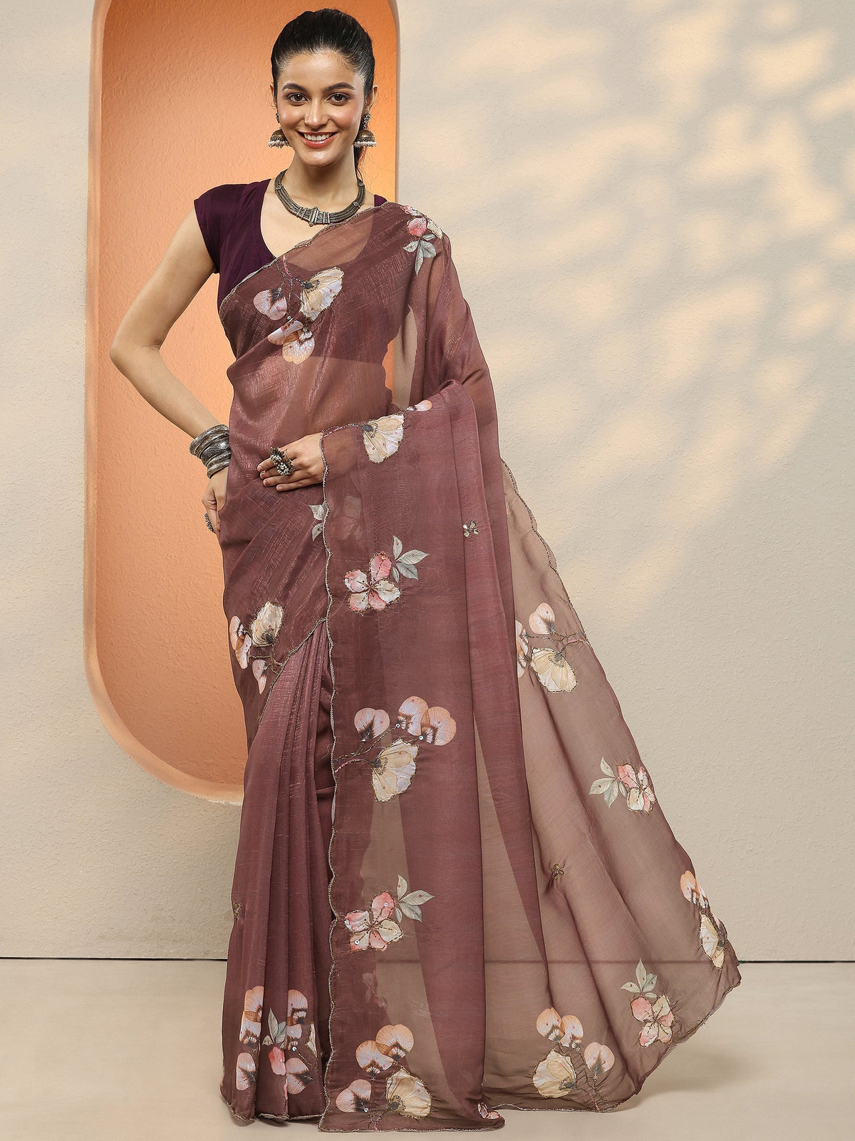 Libas Brown Printed Silk Blend Sarees With Unstitched Blouse Piece