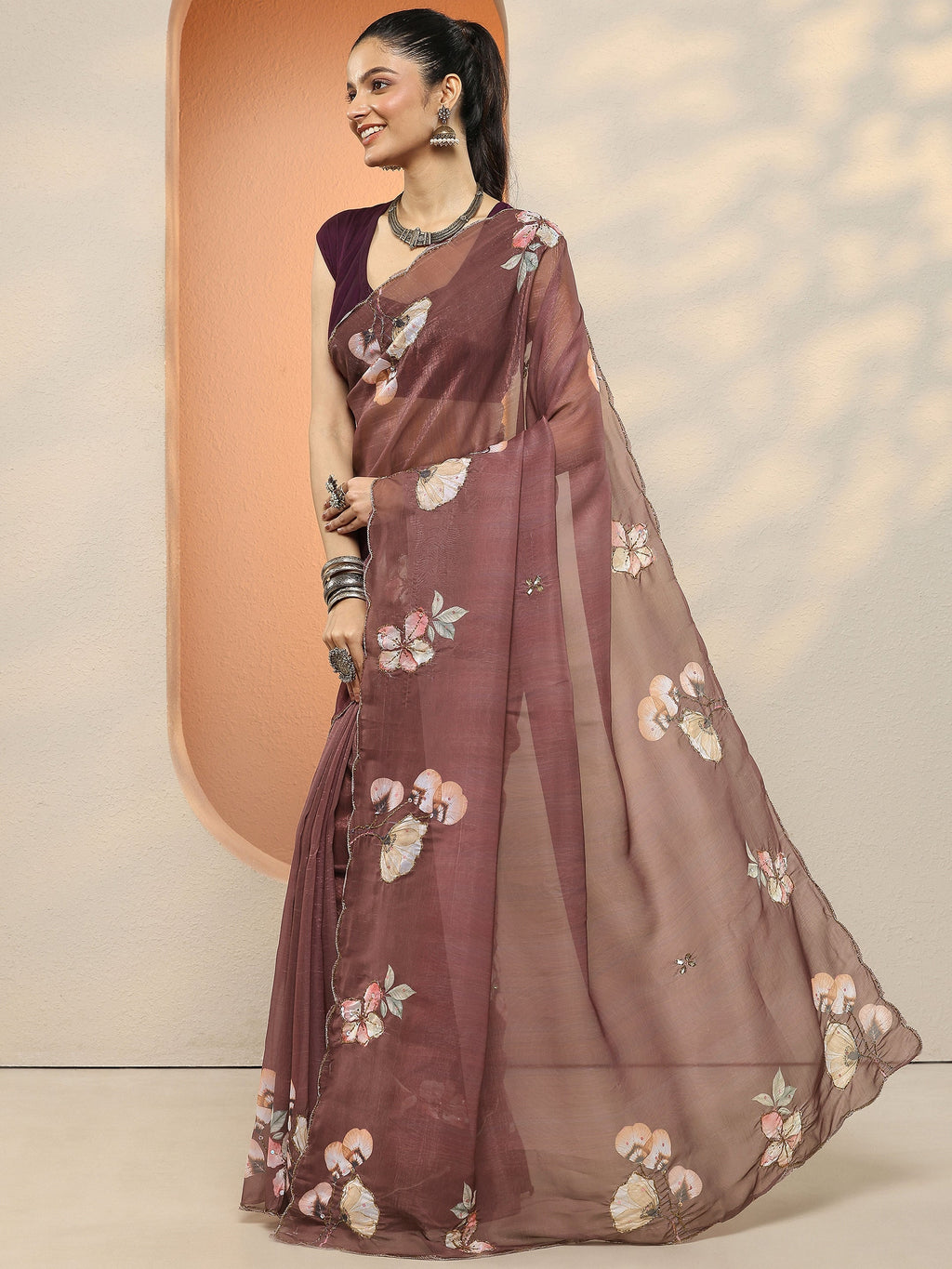 Libas Brown Printed Silk Blend Sarees With Unstitched Blouse Piece