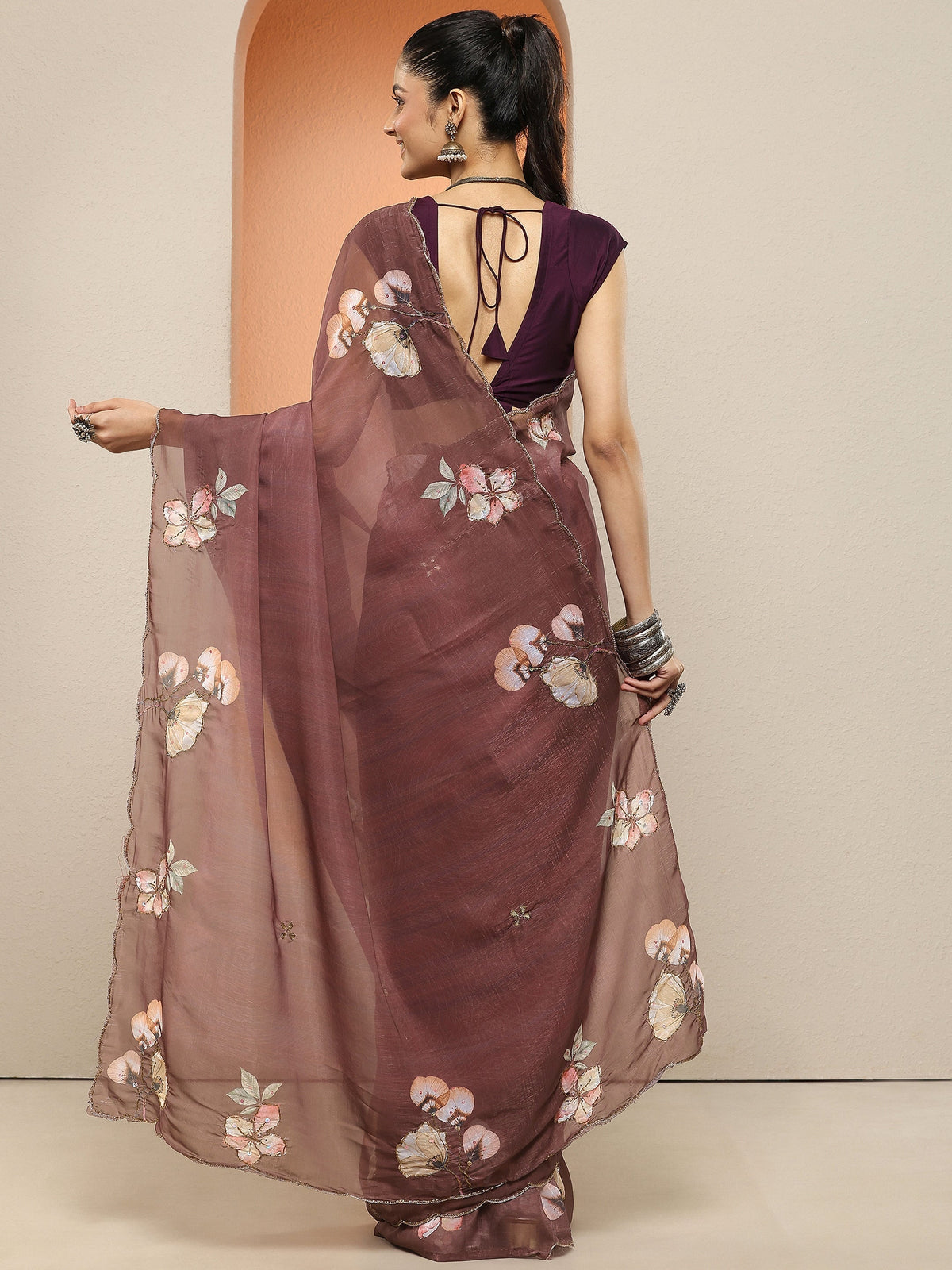 Libas Brown Printed Silk Blend Sarees With Unstitched Blouse Piece