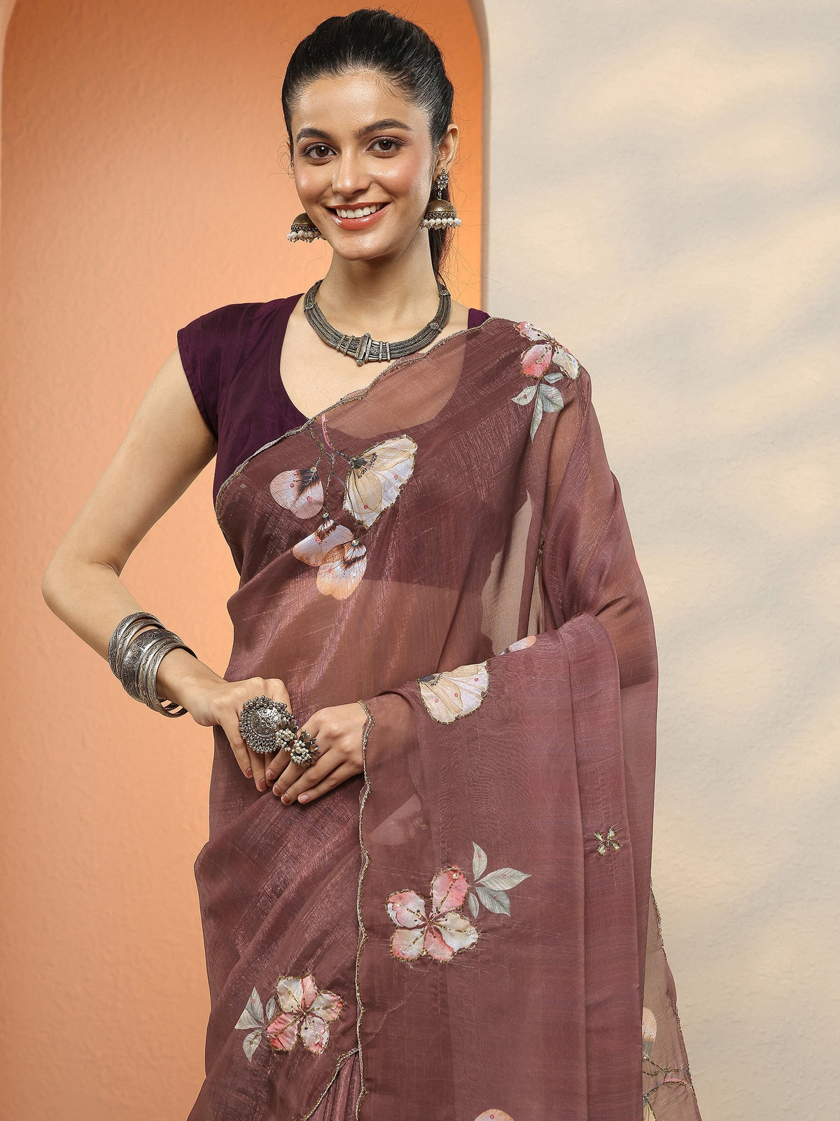 Libas Brown Printed Silk Blend Sarees With Unstitched Blouse Piece