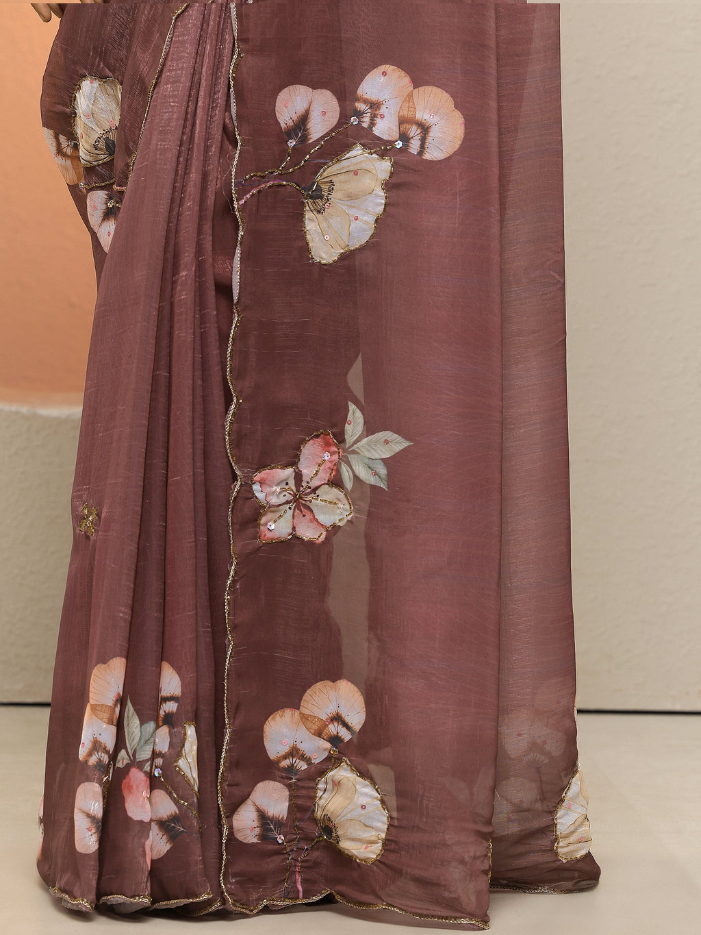 Libas Brown Printed Silk Blend Sarees With Unstitched Blouse Piece