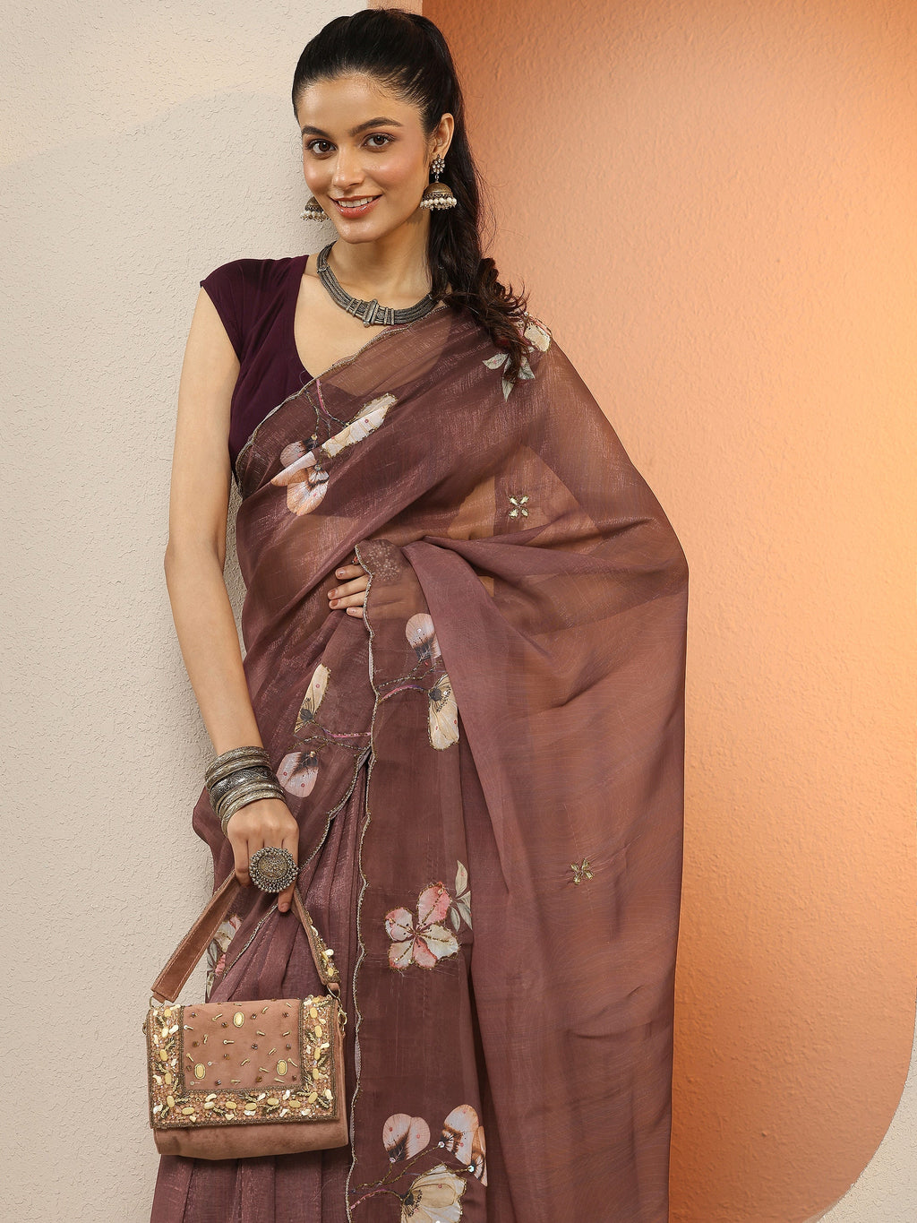 Libas Brown Printed Silk Blend Sarees With Unstitched Blouse Piece