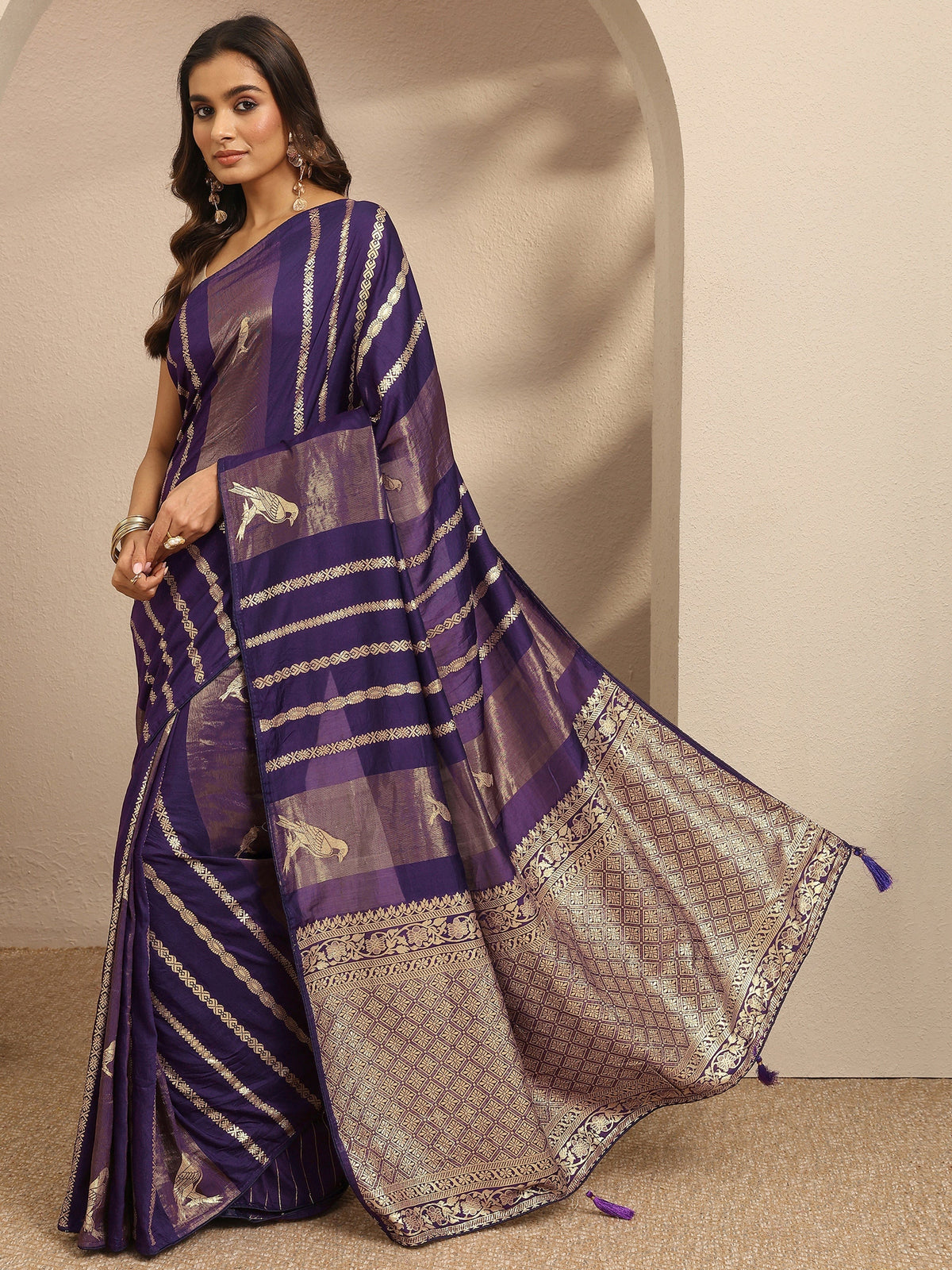 Libas Purple Woven Design Banarsi Silk Blend Saree With Unstitched Blouse Piece