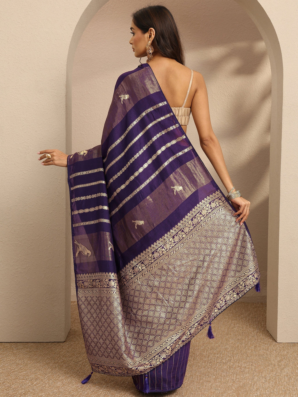 Libas Purple Woven Design Banarsi Silk Blend Saree With Unstitched Blouse Piece