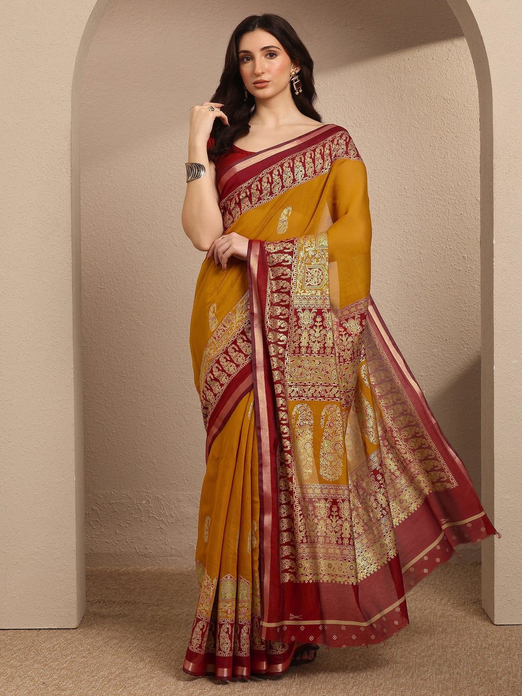 Libas Mustard Paisley Woven Design Banarsi Silk Blend Saree With Unstitched Blouse Piece