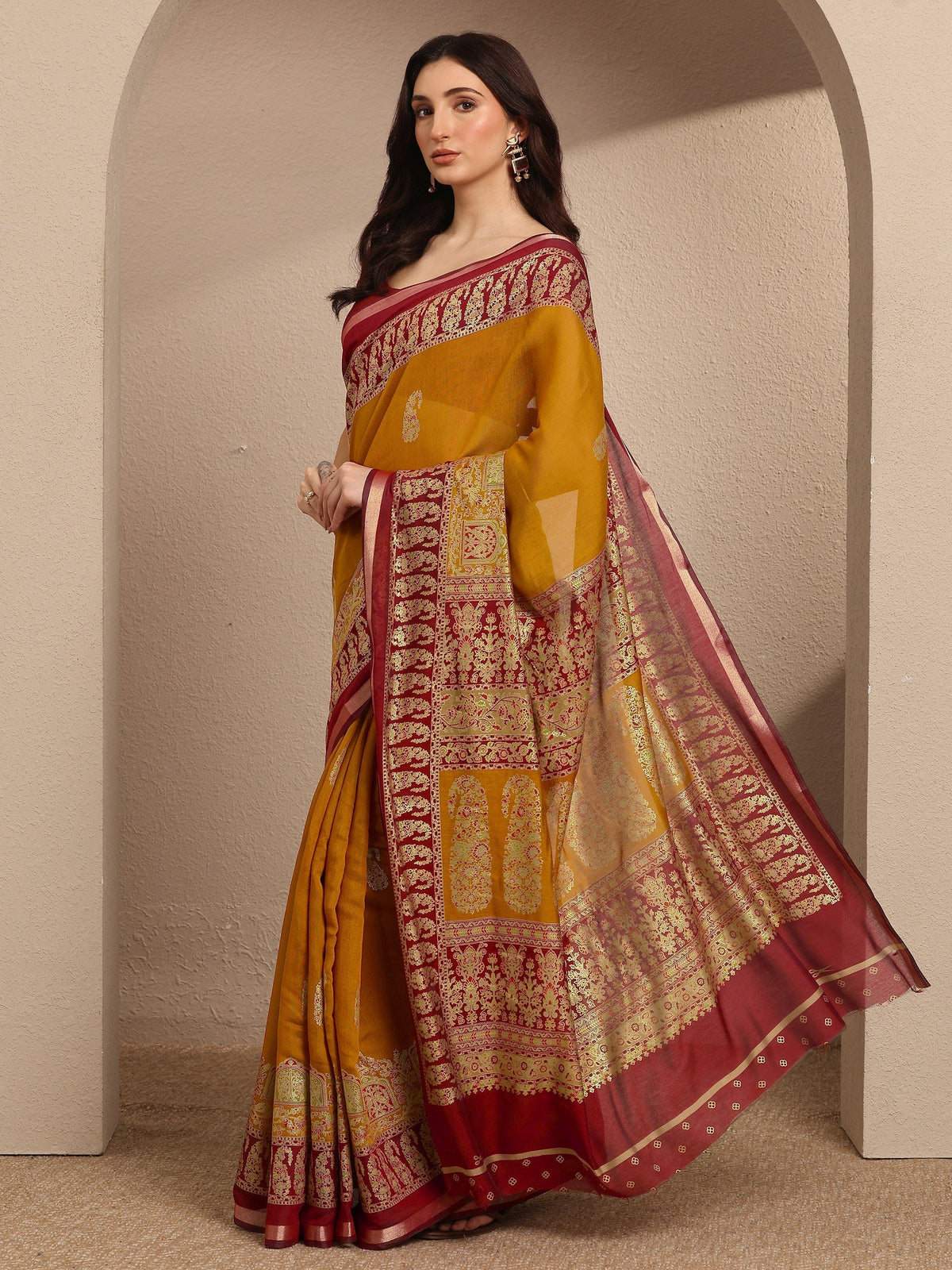 Libas Mustard Paisley Woven Design Banarsi Silk Blend Saree With Unstitched Blouse Piece
