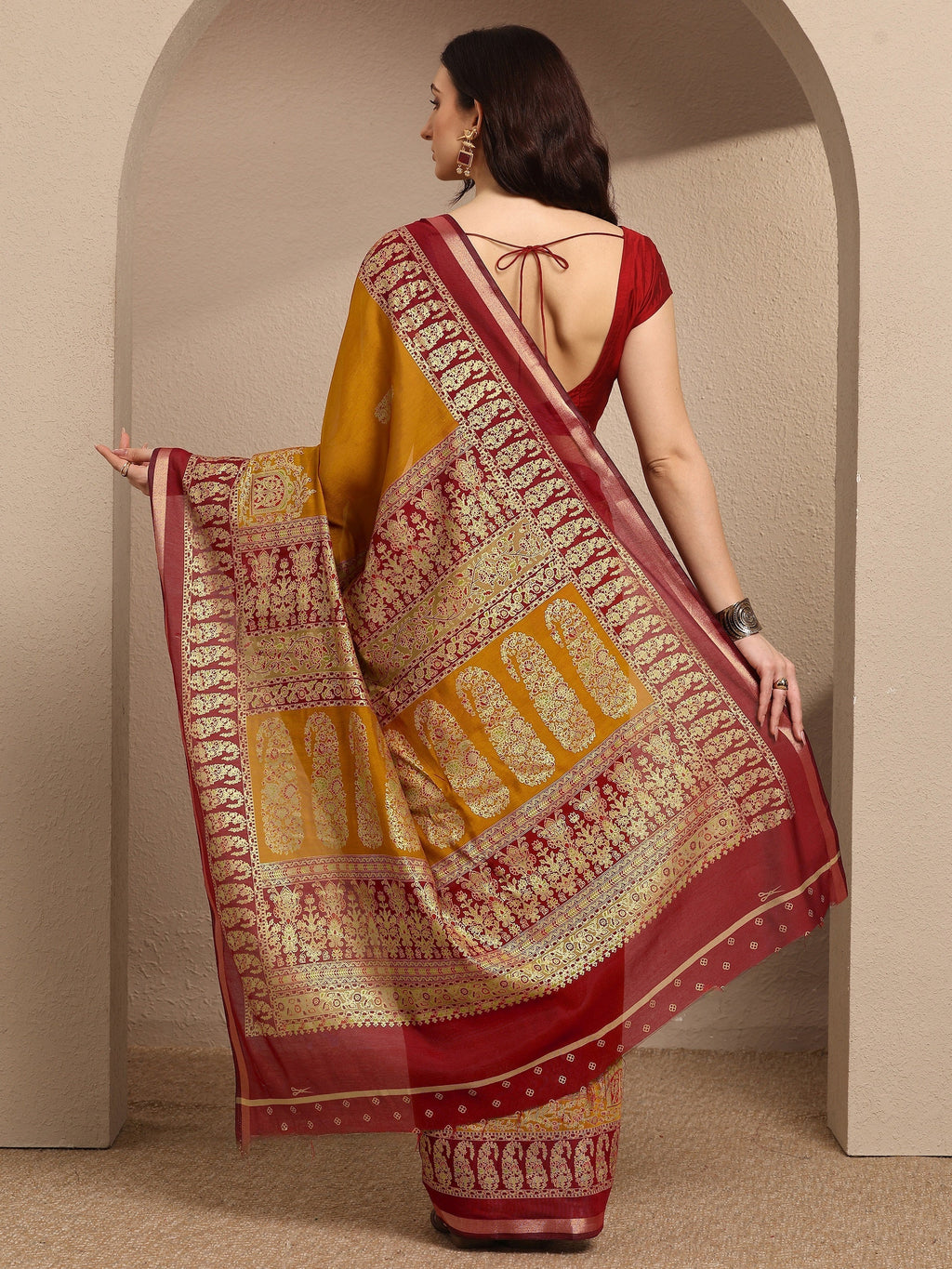 Libas Mustard Paisley Woven Design Banarsi Silk Blend Saree With Unstitched Blouse Piece