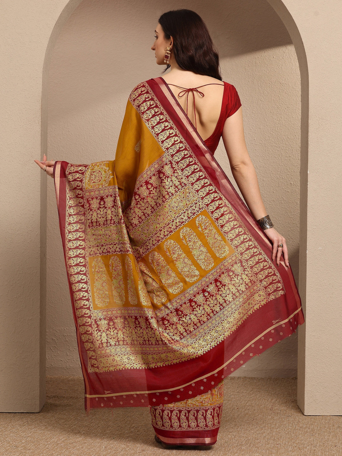 Libas Mustard Paisley Woven Design Banarsi Silk Blend Saree With Unstitched Blouse Piece