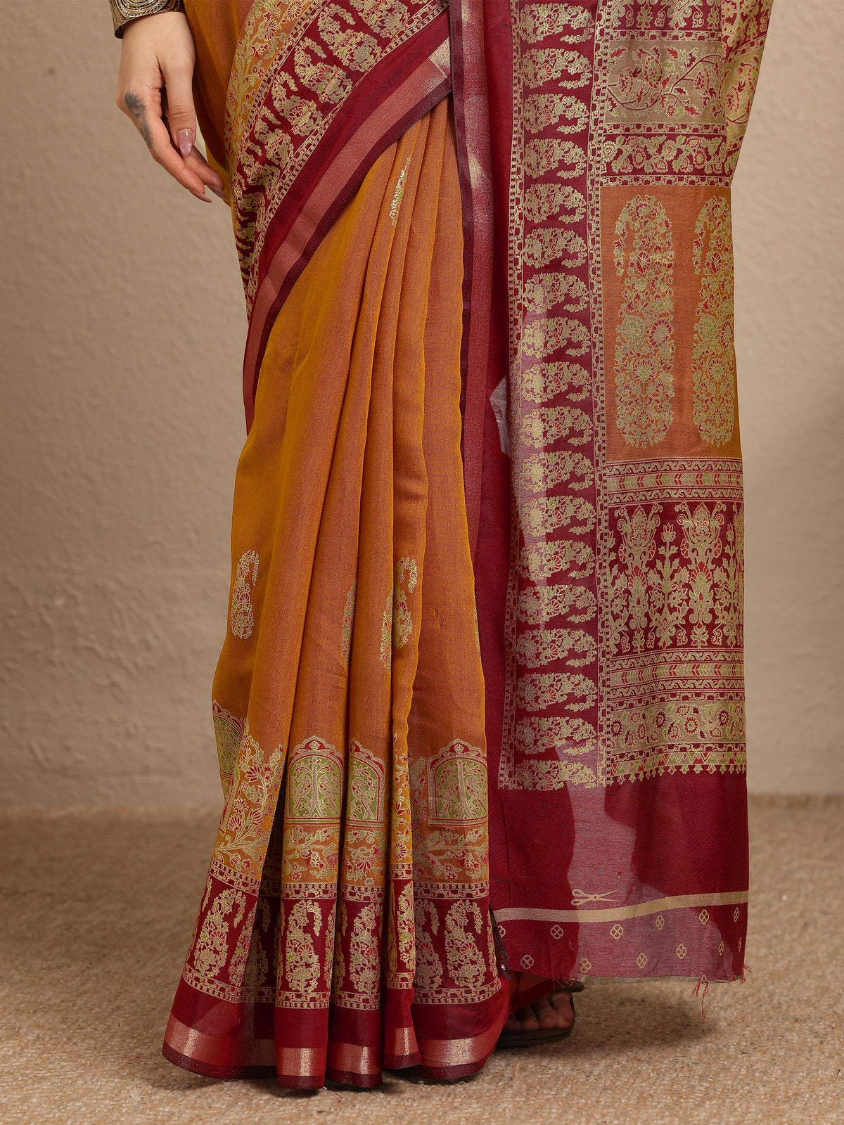 Libas Mustard Paisley Woven Design Banarsi Silk Blend Saree With Unstitched Blouse Piece