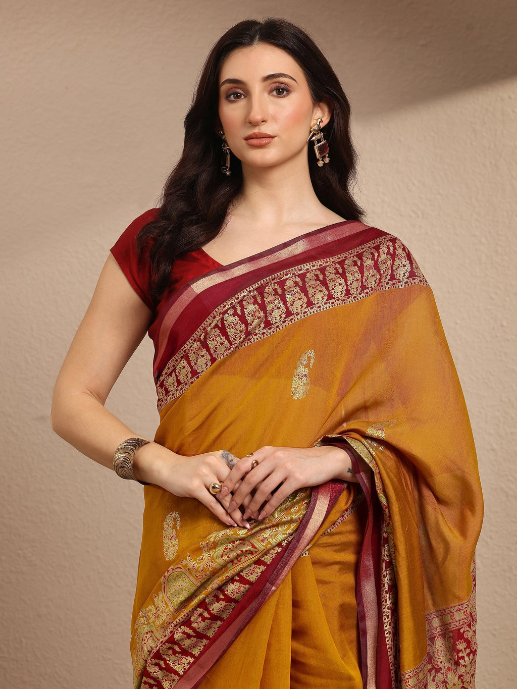 Libas Mustard Paisley Woven Design Banarsi Silk Blend Saree With Unstitched Blouse Piece