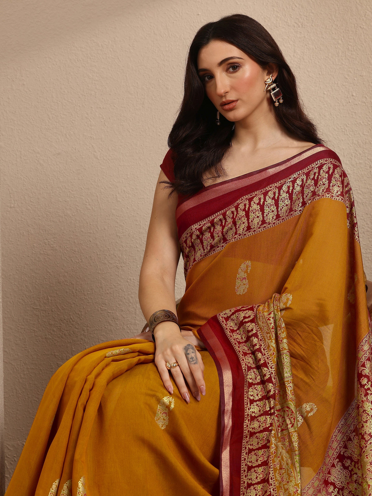 Libas Mustard Paisley Woven Design Banarsi Silk Blend Saree With Unstitched Blouse Piece
